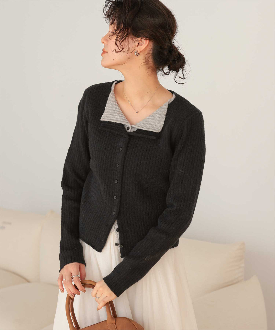 titivate「レイヤード風リブニットトップス」|ニット・セーター|ブラック