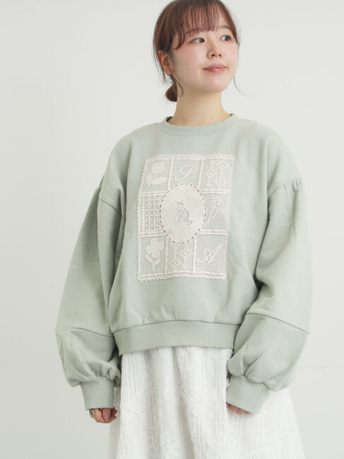 Samansa Mos2「裏毛CAT柄パーツレース付スウェット」|Tシャツ・カットソー|