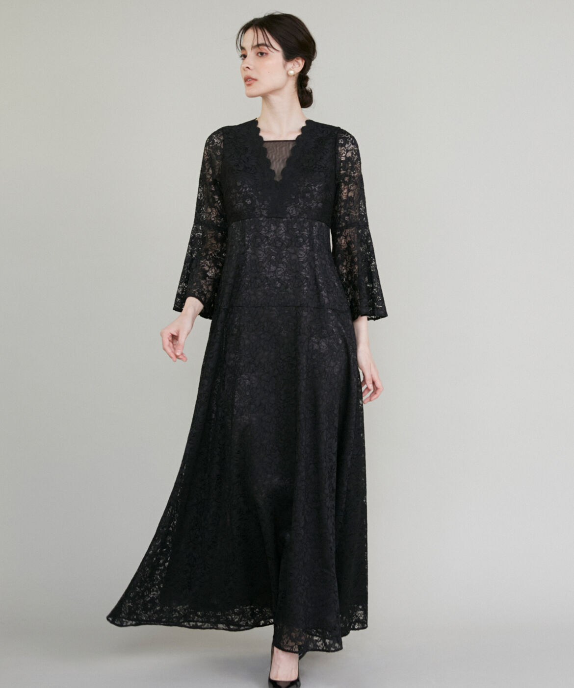 Maglie le cassetto「《M Maglie le cassetto》フラワーレースロングドレス」|ワンピース|ブラック