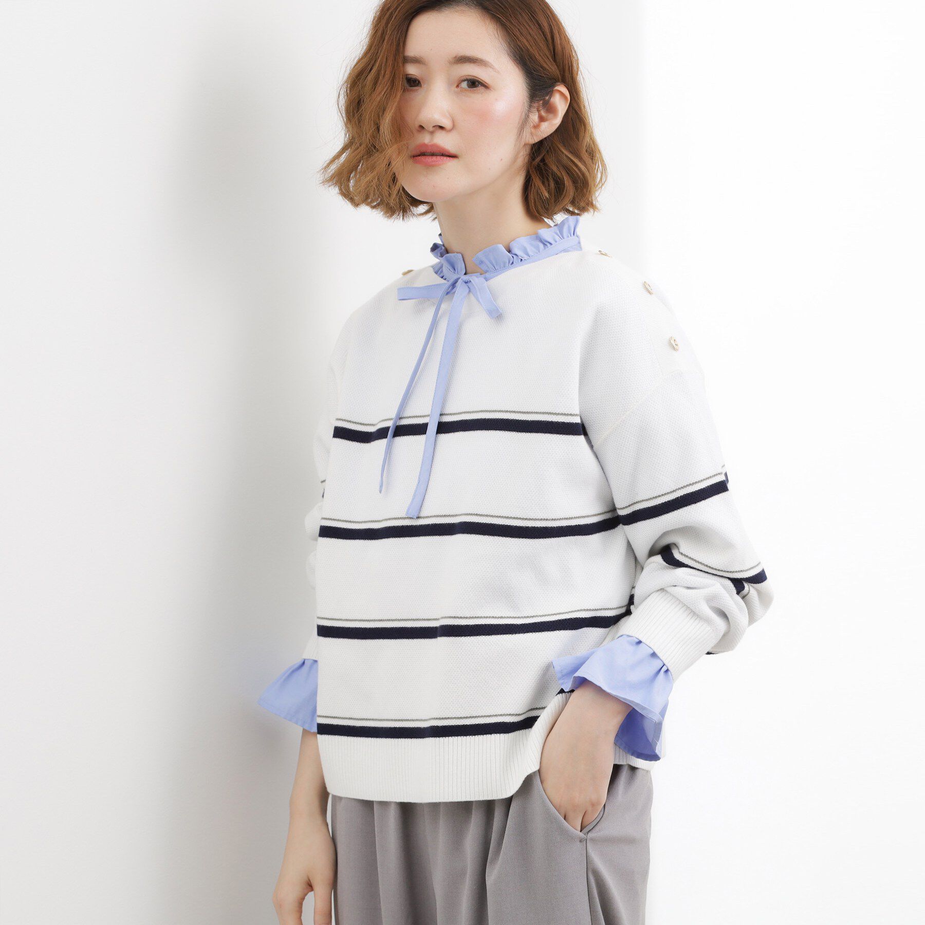 grove「【おうちで洗える】顔周りすっきり、ボートネックニット」|ニット・セーター|ボーダー(503)