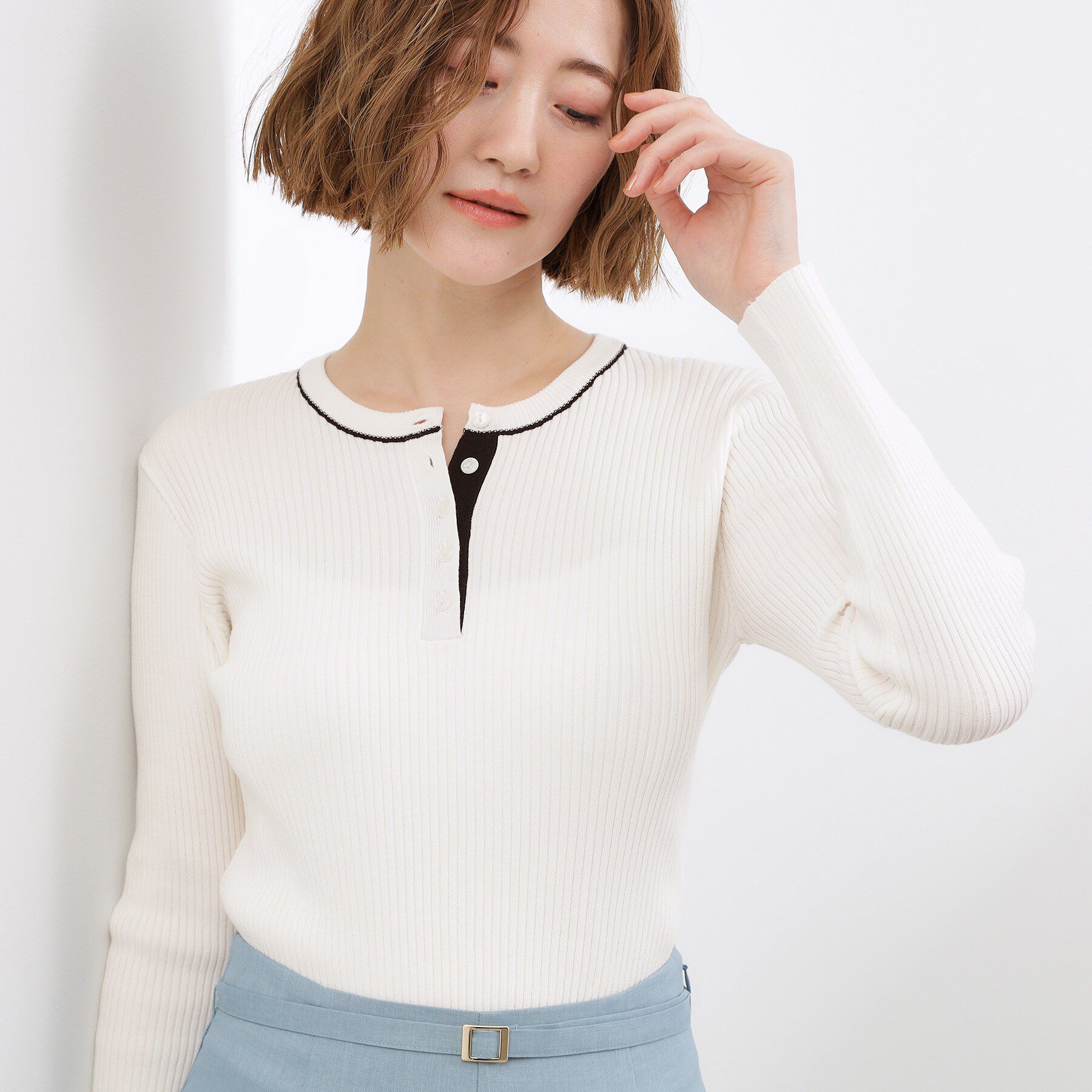 grove「バイカラー ヘンリーネックリブニット」|ニット・セーター|