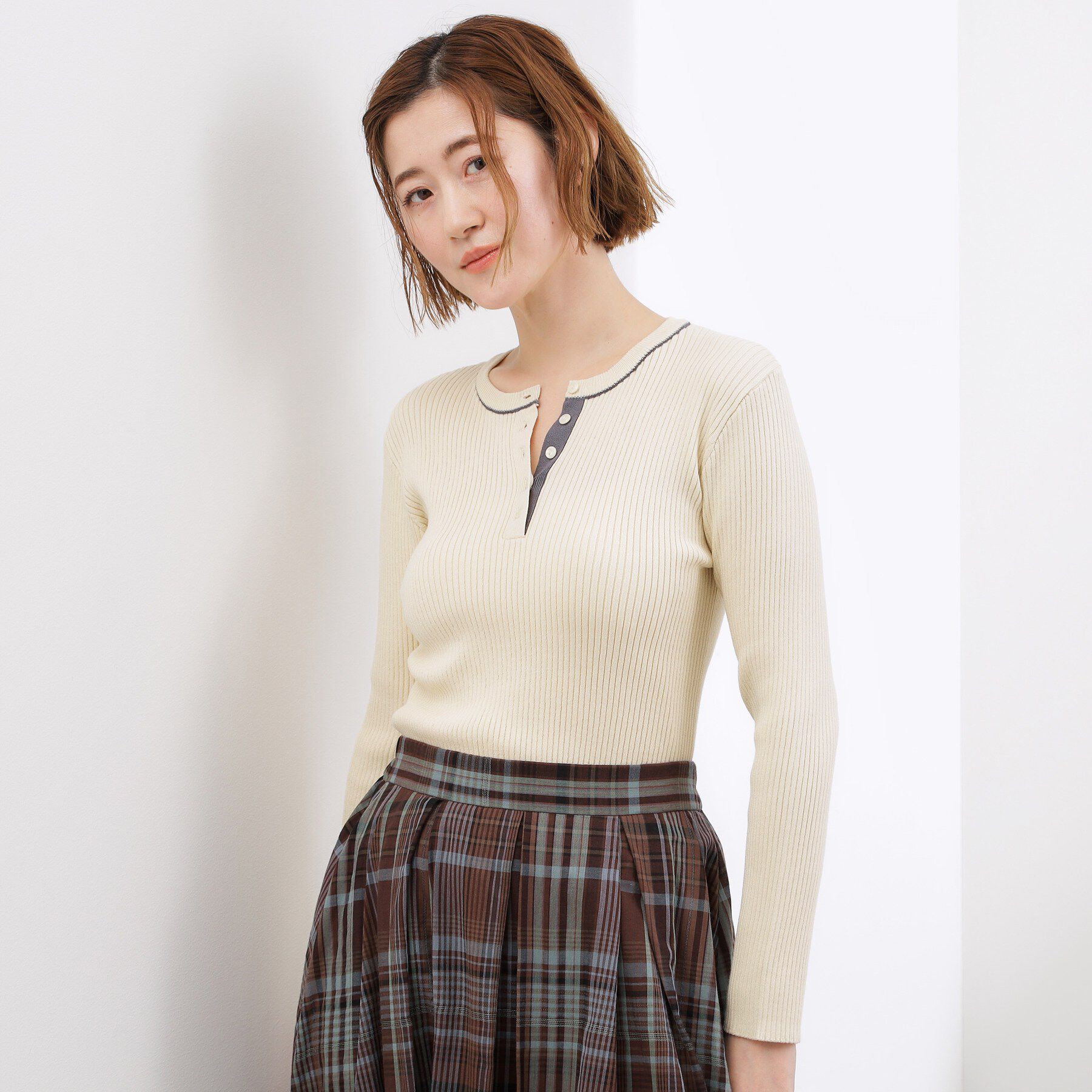 grove「バイカラー ヘンリーネックリブニット」|ニット・セーター|