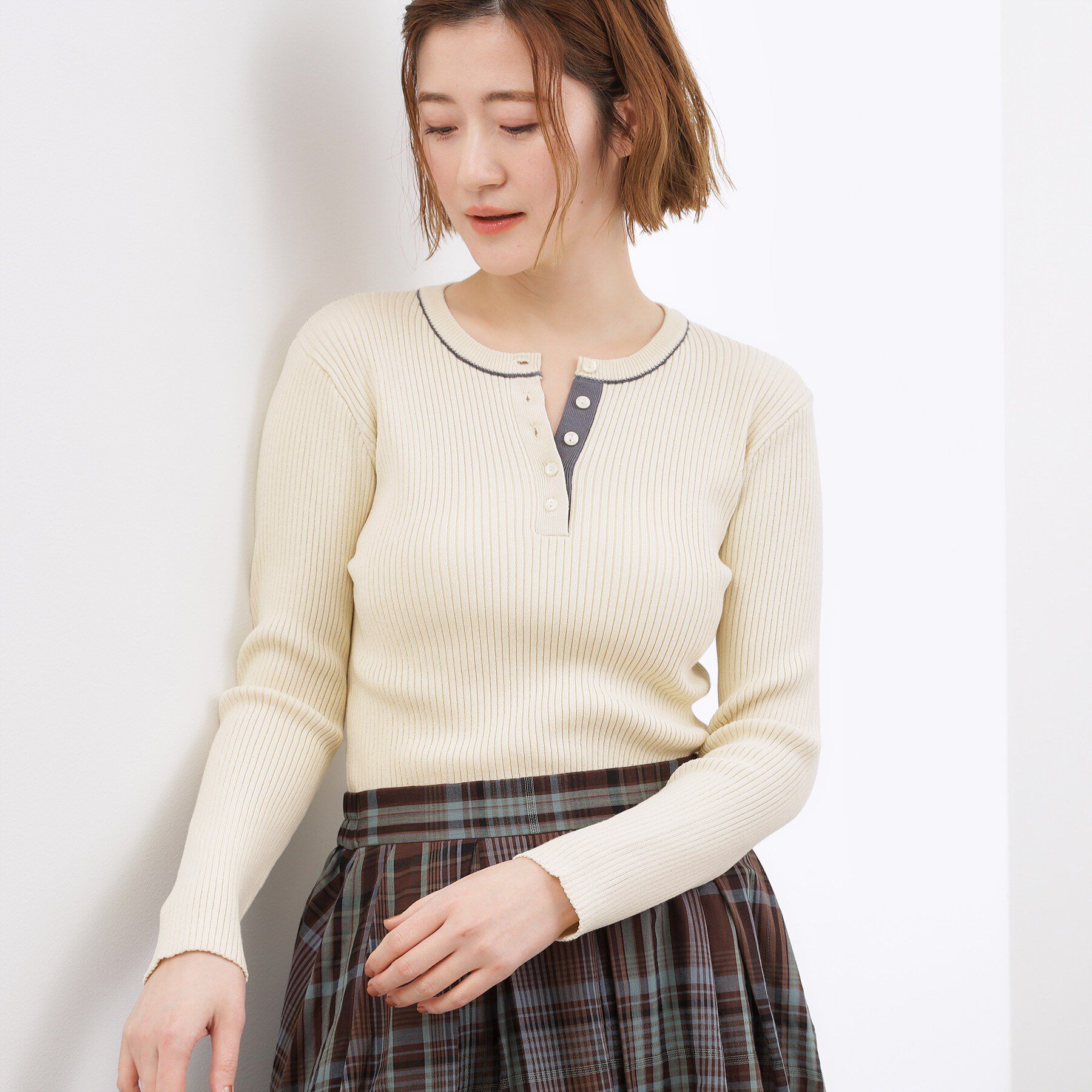 grove「バイカラー ヘンリーネックリブニット」|ニット・セーター|