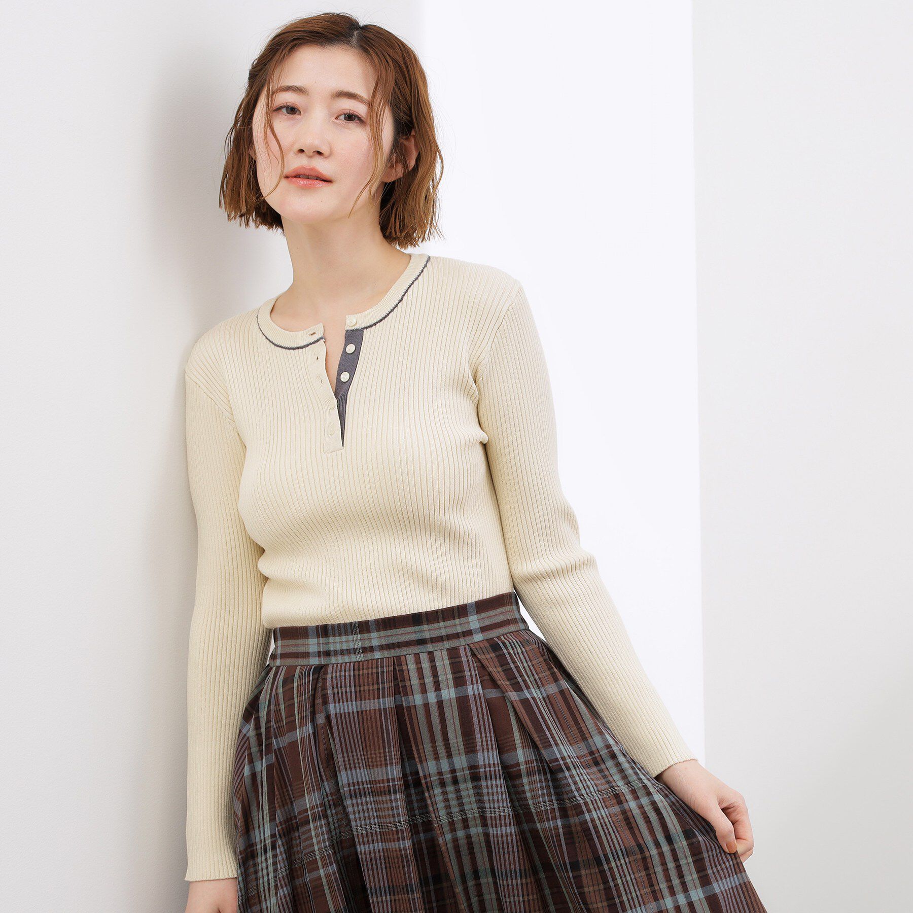 grove「バイカラー ヘンリーネックリブニット」|ニット・セーター|ライトイエロー(03