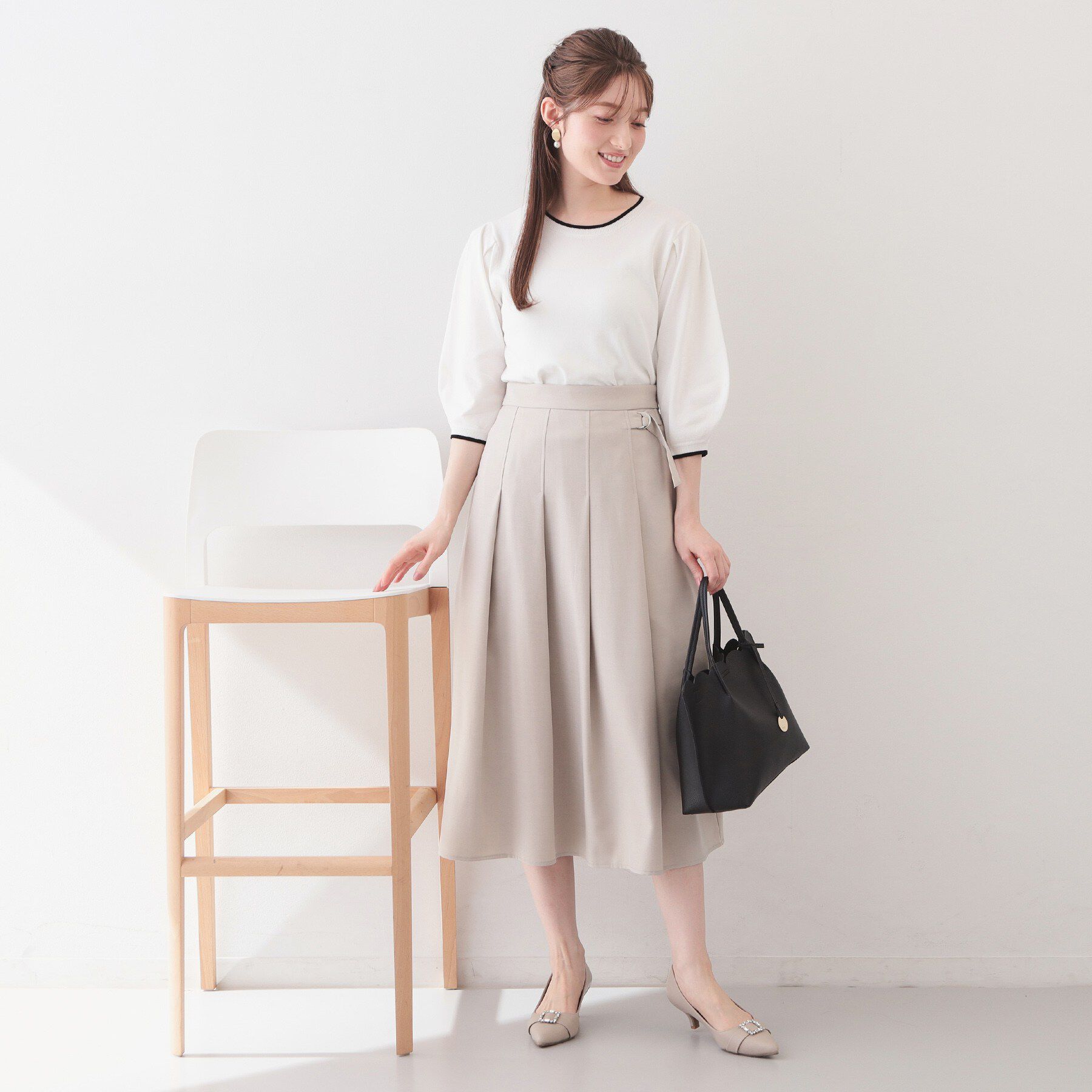 index「クルーネック6分袖タックスリーブニット【洗濯機OK・UVケア】」|ニット・セーター|