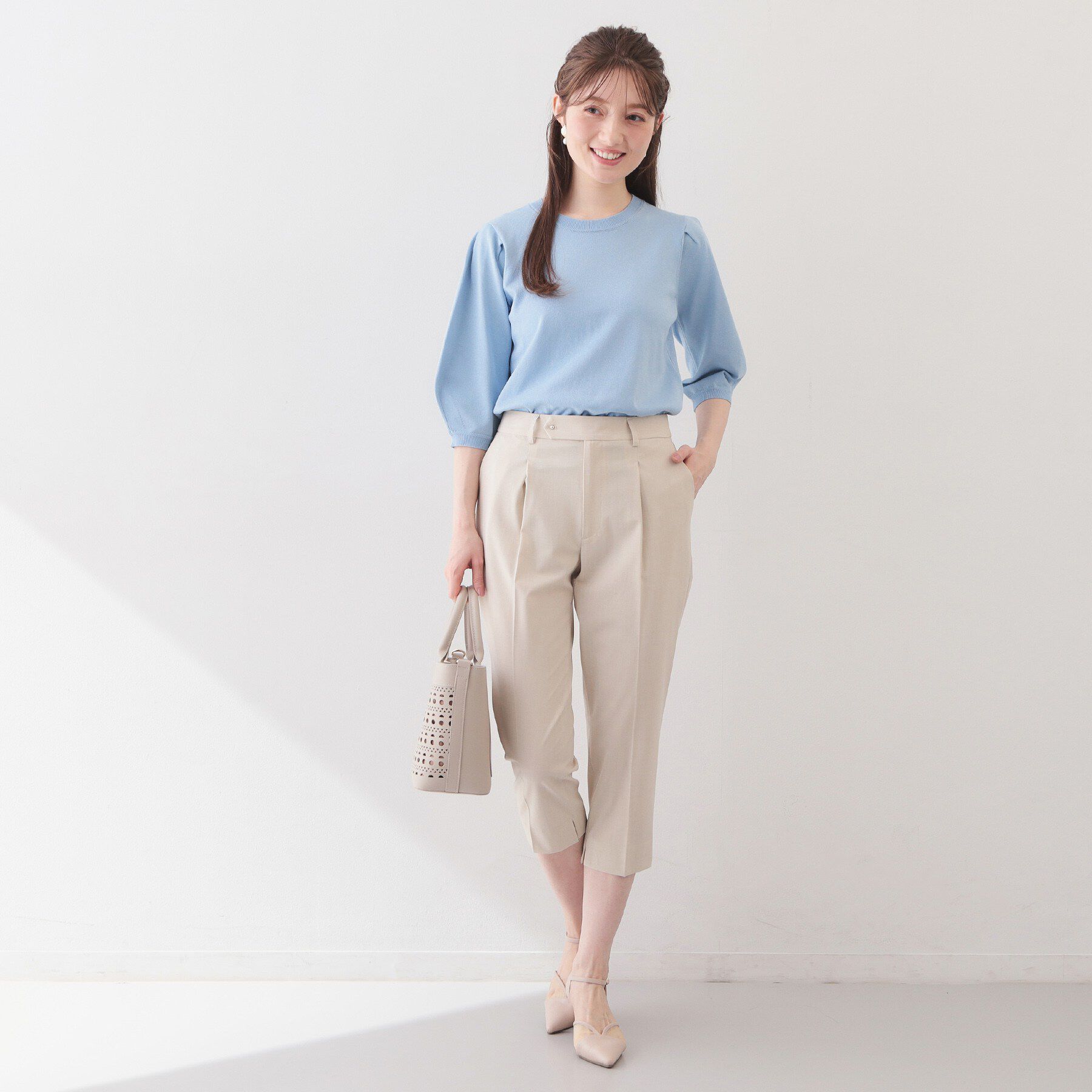 index「クルーネック6分袖タックスリーブニット【洗濯機OK・UVケア】」|ニット・セーター|