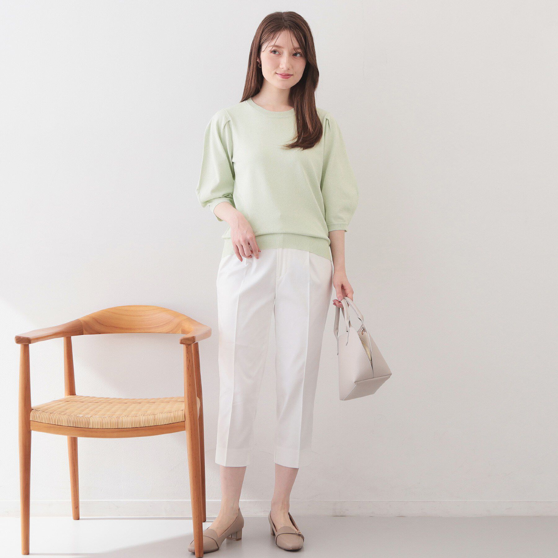 index「クルーネック6分袖タックスリーブニット【洗濯機OK・UVケア】」|ニット・セーター|