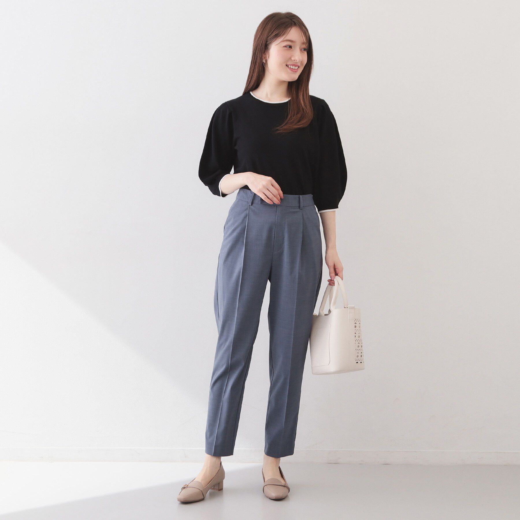 index「クルーネック6分袖タックスリーブニット【洗濯機OK・UVケア】」|ニット・セーター|