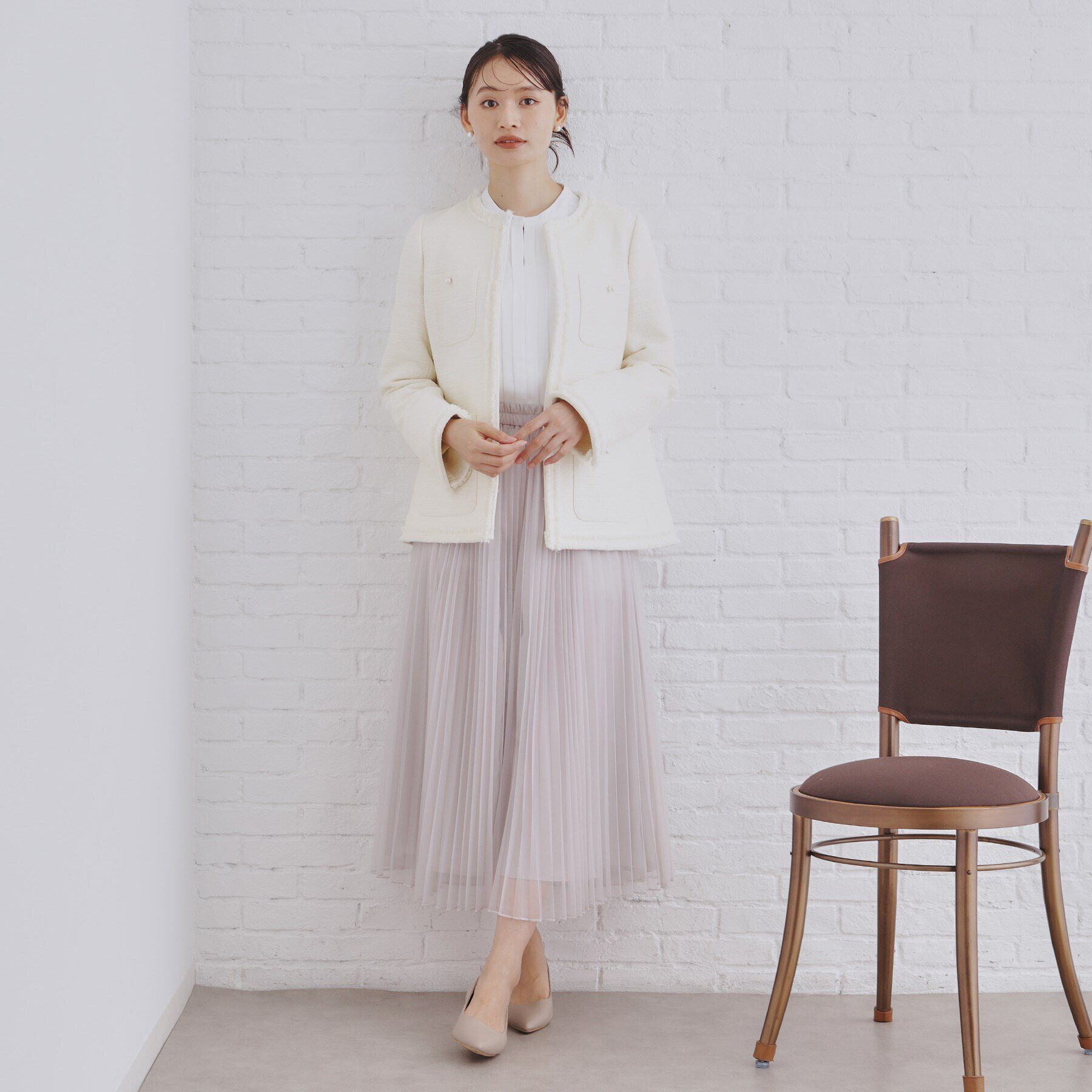 OPAQUE.CLIP「《通勤・セレモニー対応》コットンツイードミドルジャケット」|ノーカラージャケット|