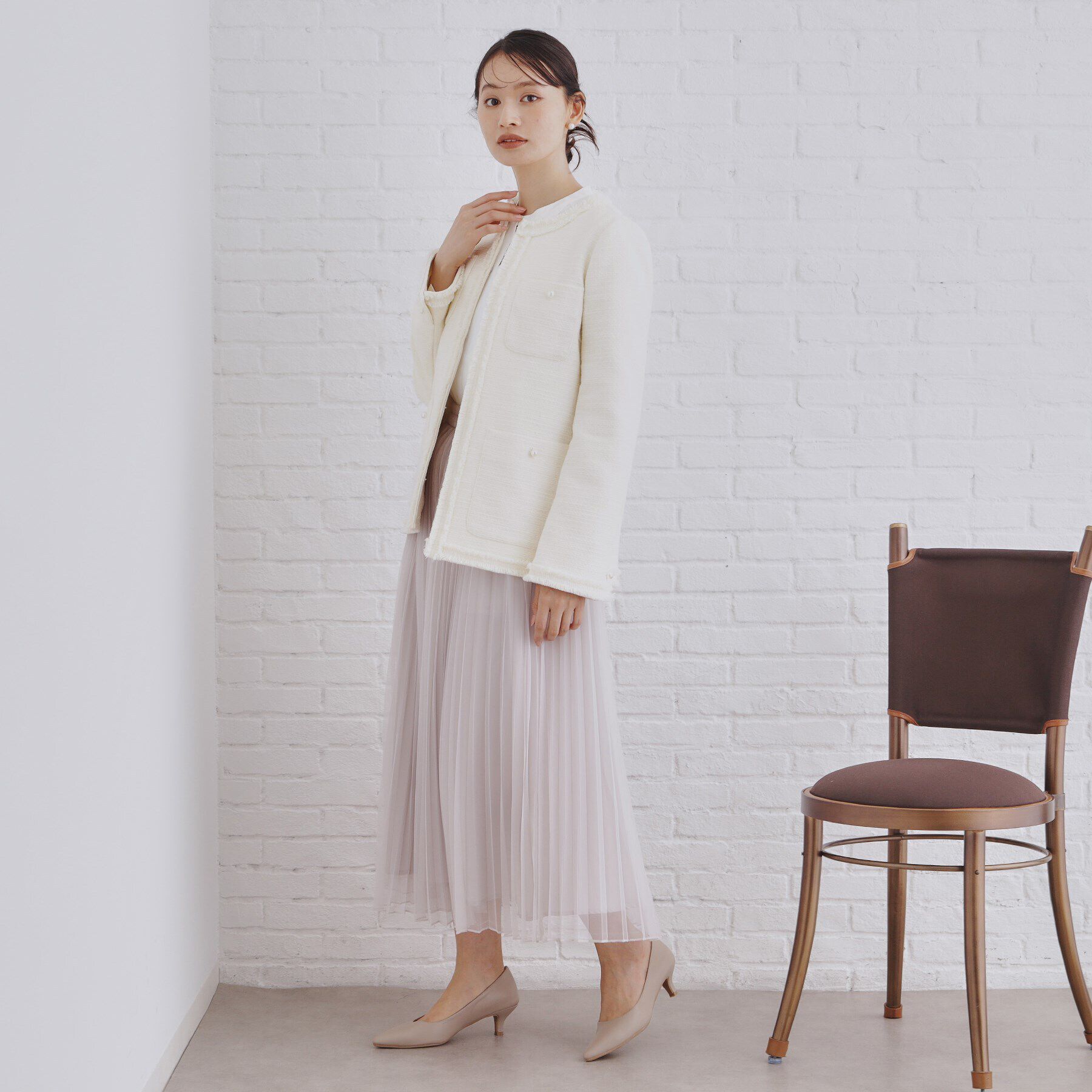 OPAQUE.CLIP「《通勤・セレモニー対応》コットンツイードミドルジャケット」|ノーカラージャケット|