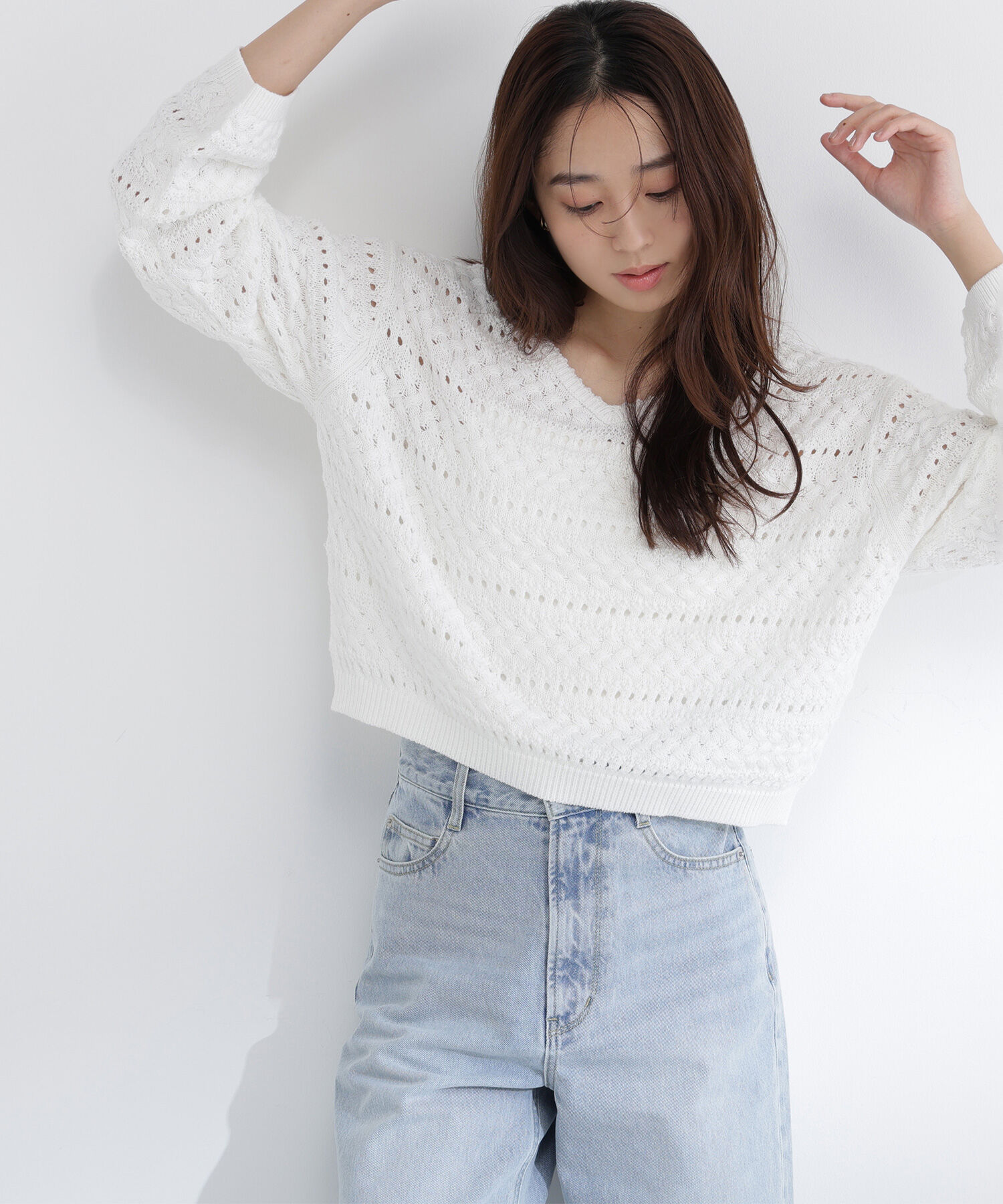  「Vネック透かし編みニット」|ニット・セーター|