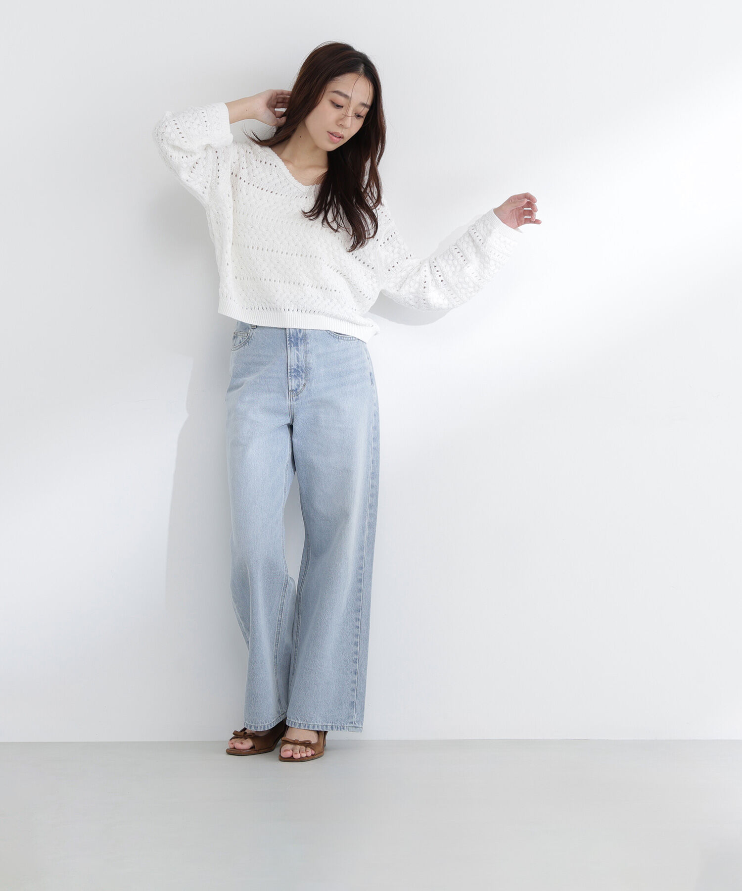  「Vネック透かし編みニット」|ニット・セーター|