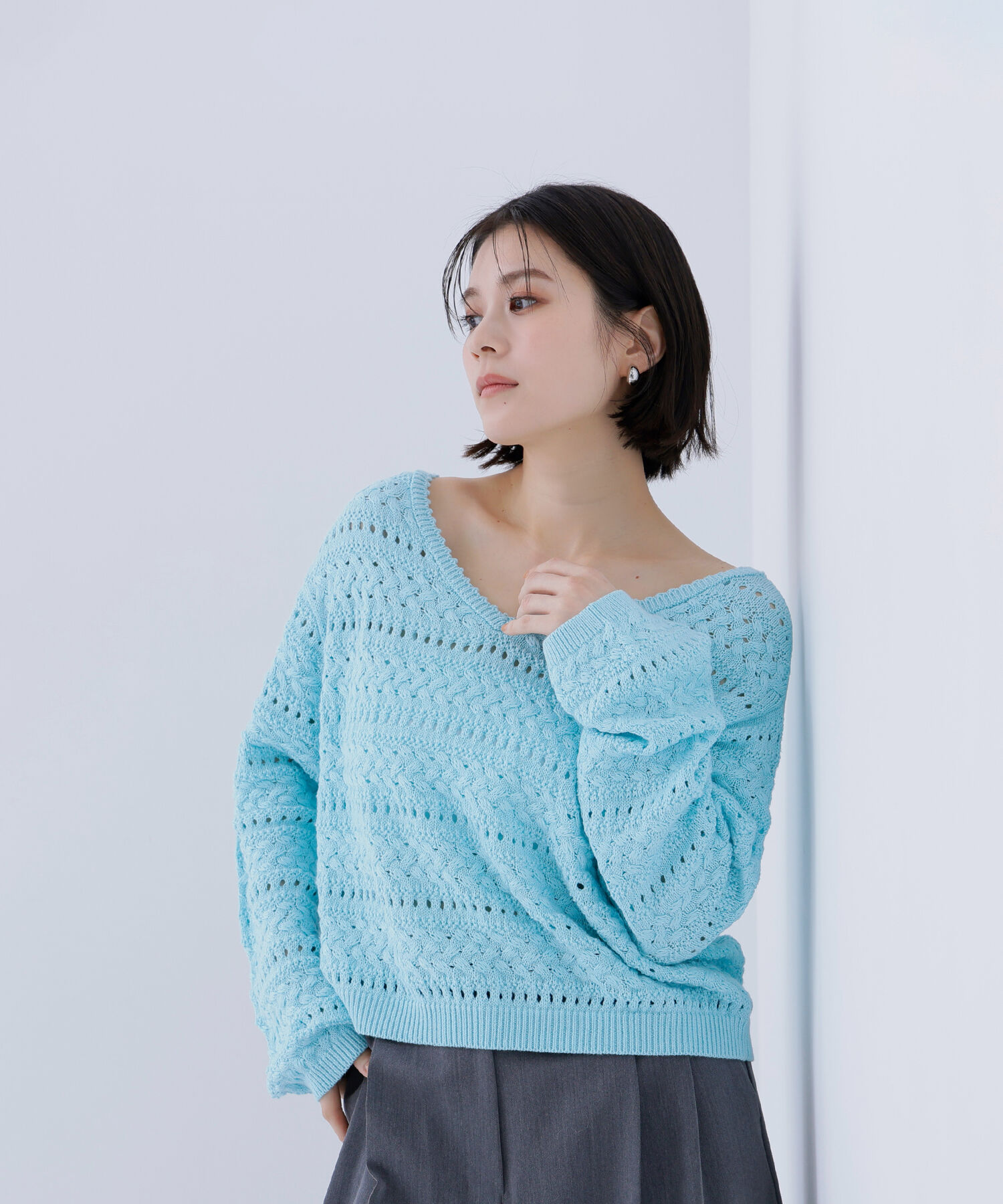  「Vネック透かし編みニット」|ニット・セーター|