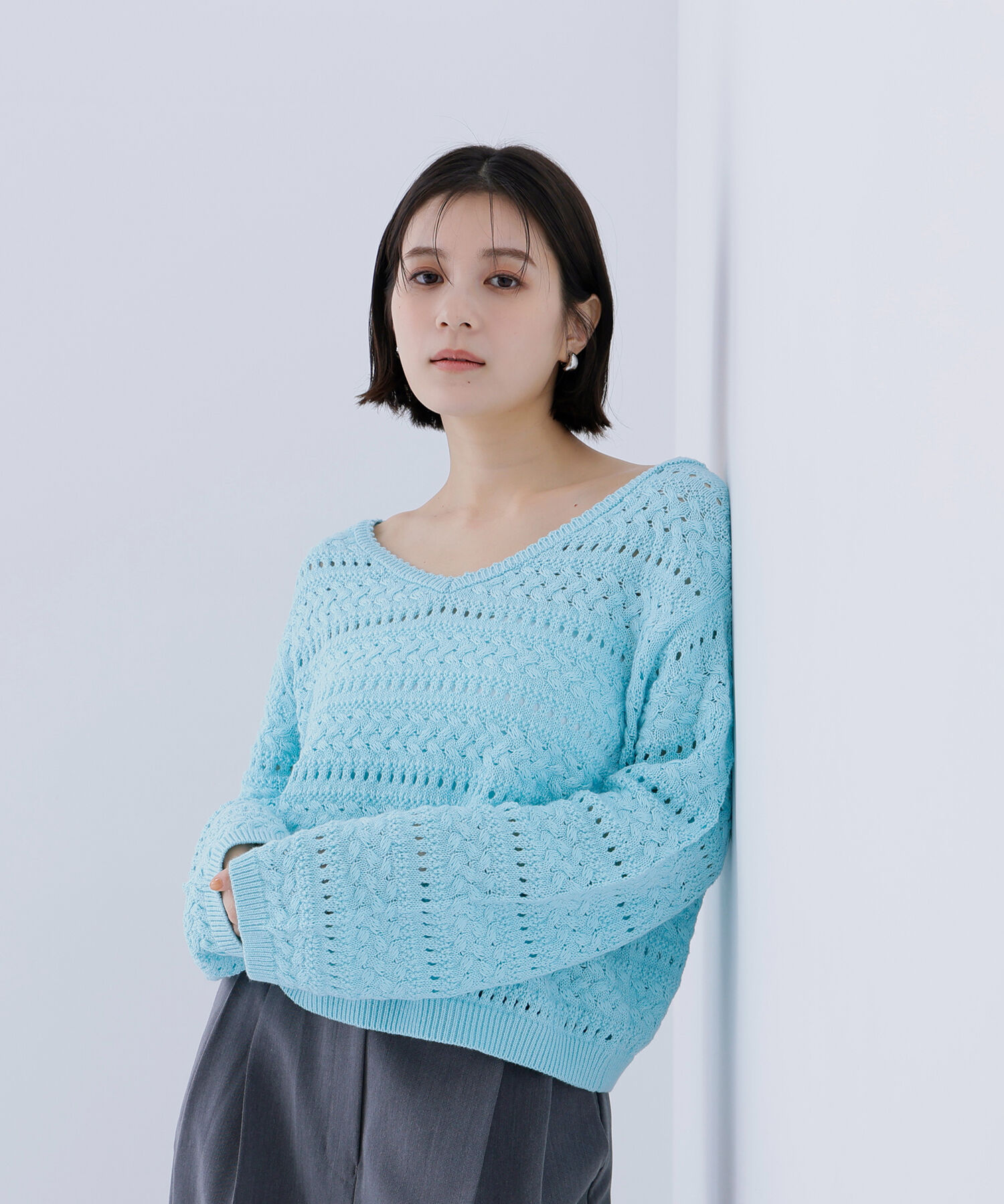  「Vネック透かし編みニット」|ニット・セーター|