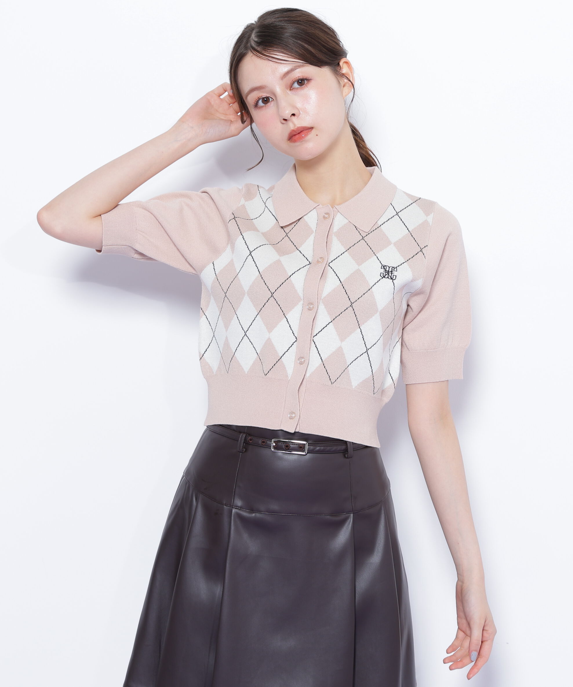  「ポロ衿アーガイルニット」|ニット・セーター|ピンク1