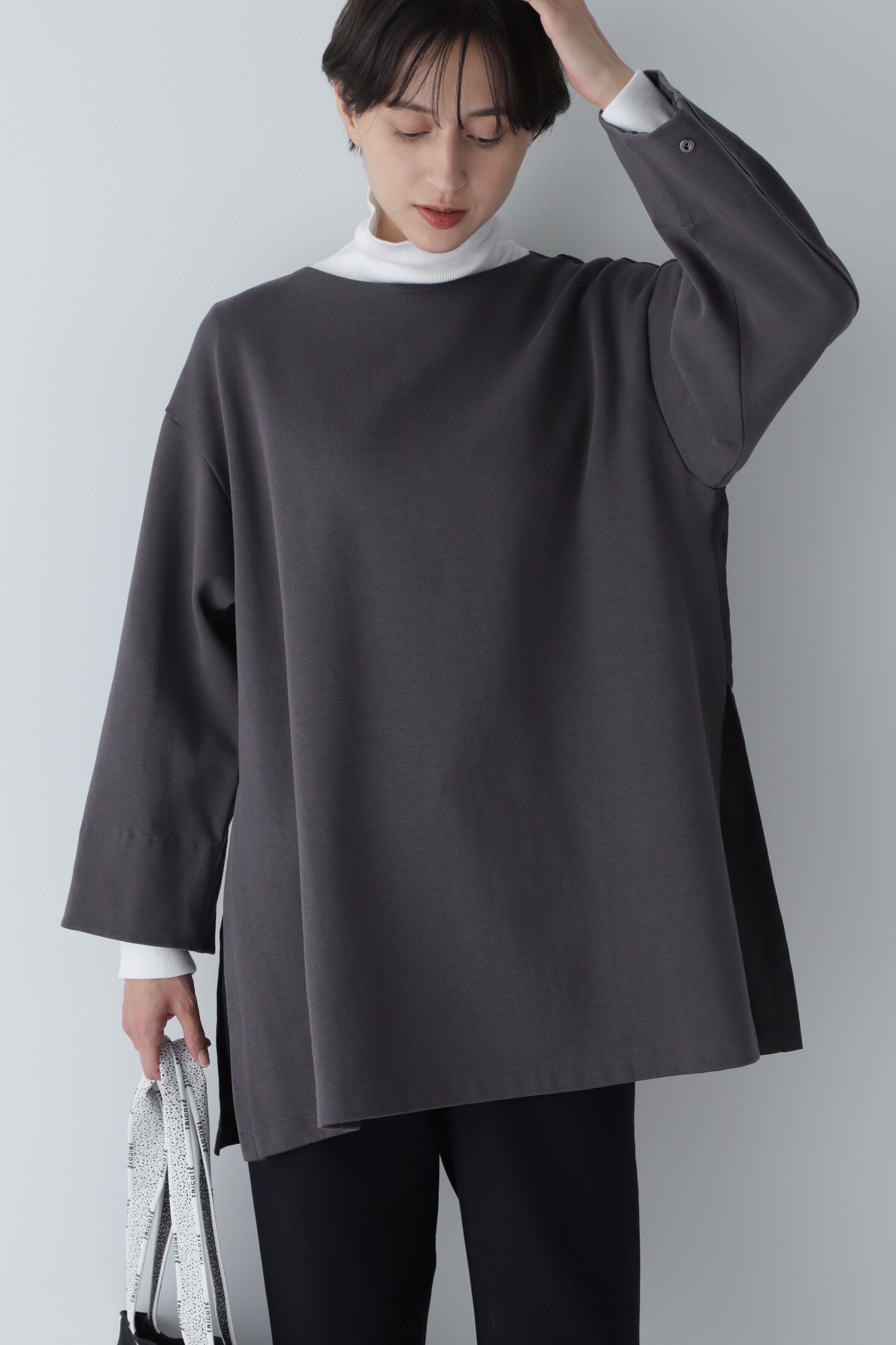  「◆布帛コンビダンボールニット」|Tシャツ・カットソー|チャコール1