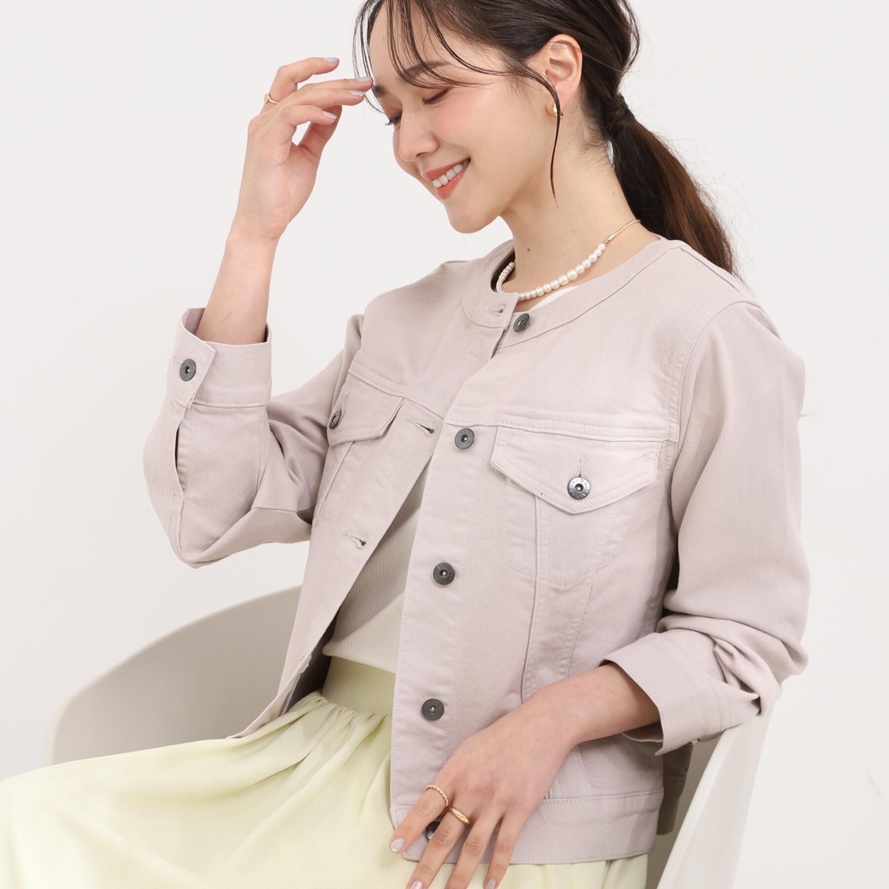 SHOO･LA･RUE「【SHOO・LA・RUE DENIM】大人のための ノーカラーデニムジャケット」|デニムジャケット|ライトグレー(011