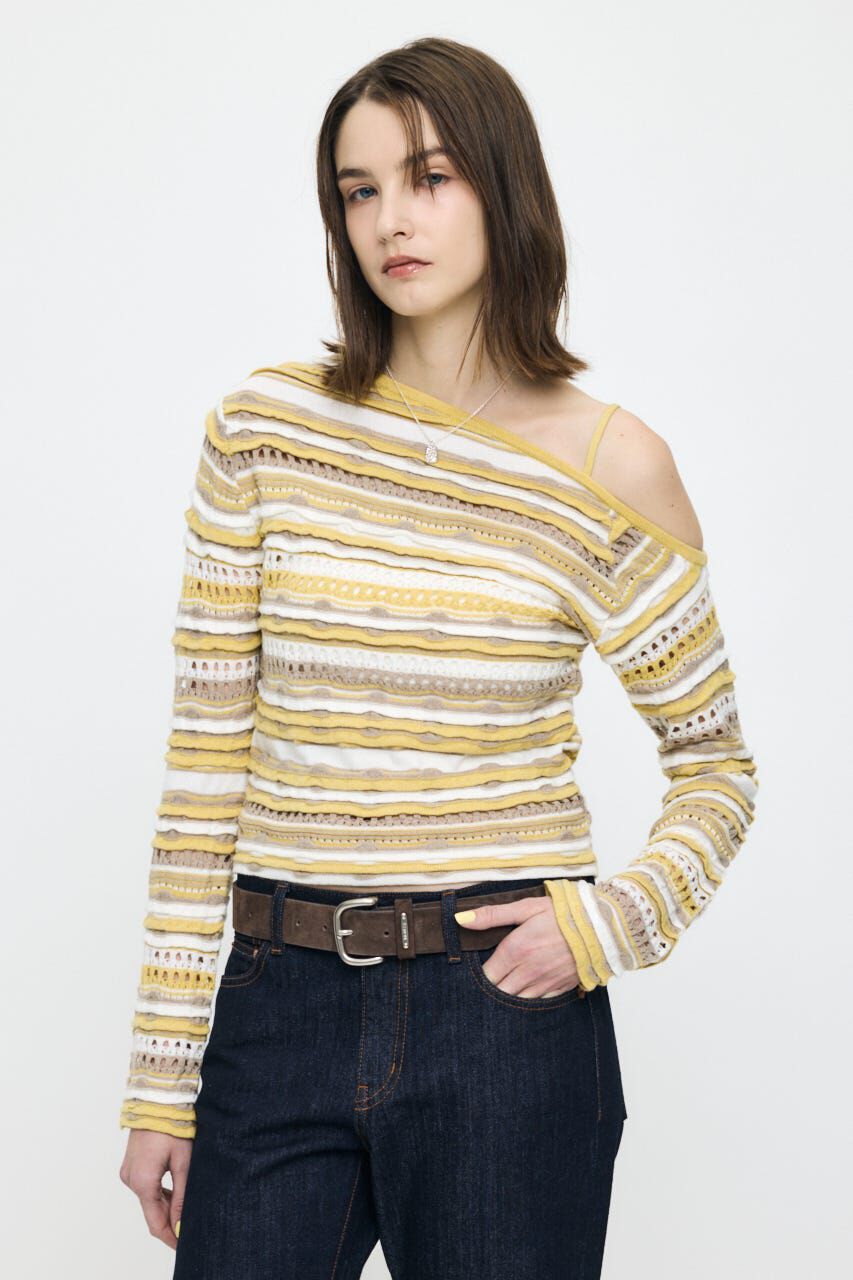 MOUSSY「RANDOM STRIPE OFF SHOULDER トップス」|ニット・セーター|