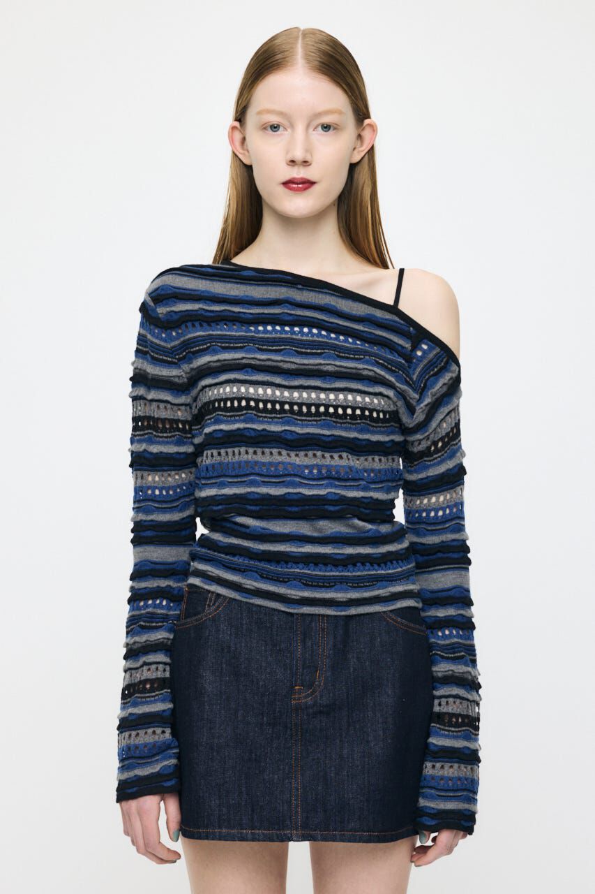MOUSSY「RANDOM STRIPE OFF SHOULDER トップス」|ニット・セーター|柄BLU5