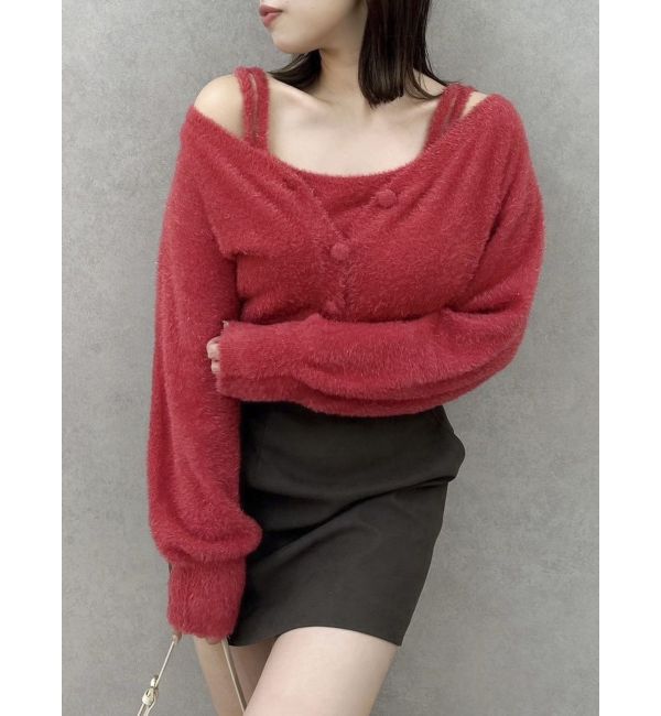 dazzlin「ミニシャギーラメニットカーデトップス」|カーディガン|レッド