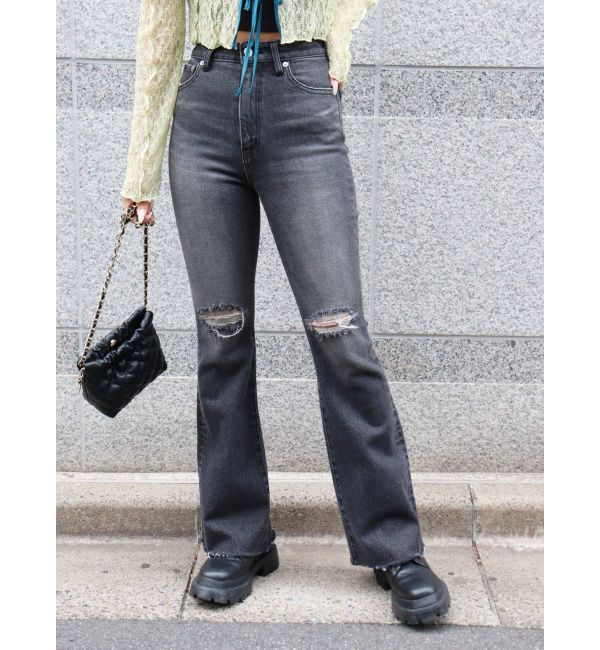 EVRIS「スリムフレアダメージデニムパンツ」|デニム|ブラック