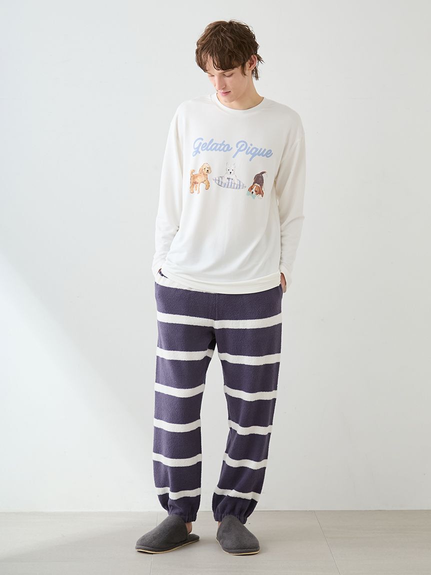 gelato pique「【ONLINE限定】【UNISEX】エアリーモコプレイフルDOGジャガードプルオーバー&ボーダーロングパンツセット」|ルームウェア|