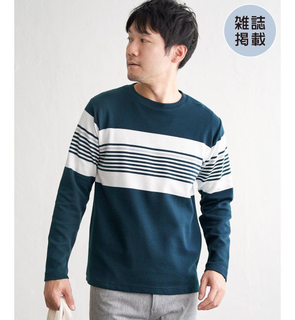 ikka「【雑誌MonoMax4月号掲載】リップルパネルボーダーロンＴ」|Tシャツ・カットソー|グリーン