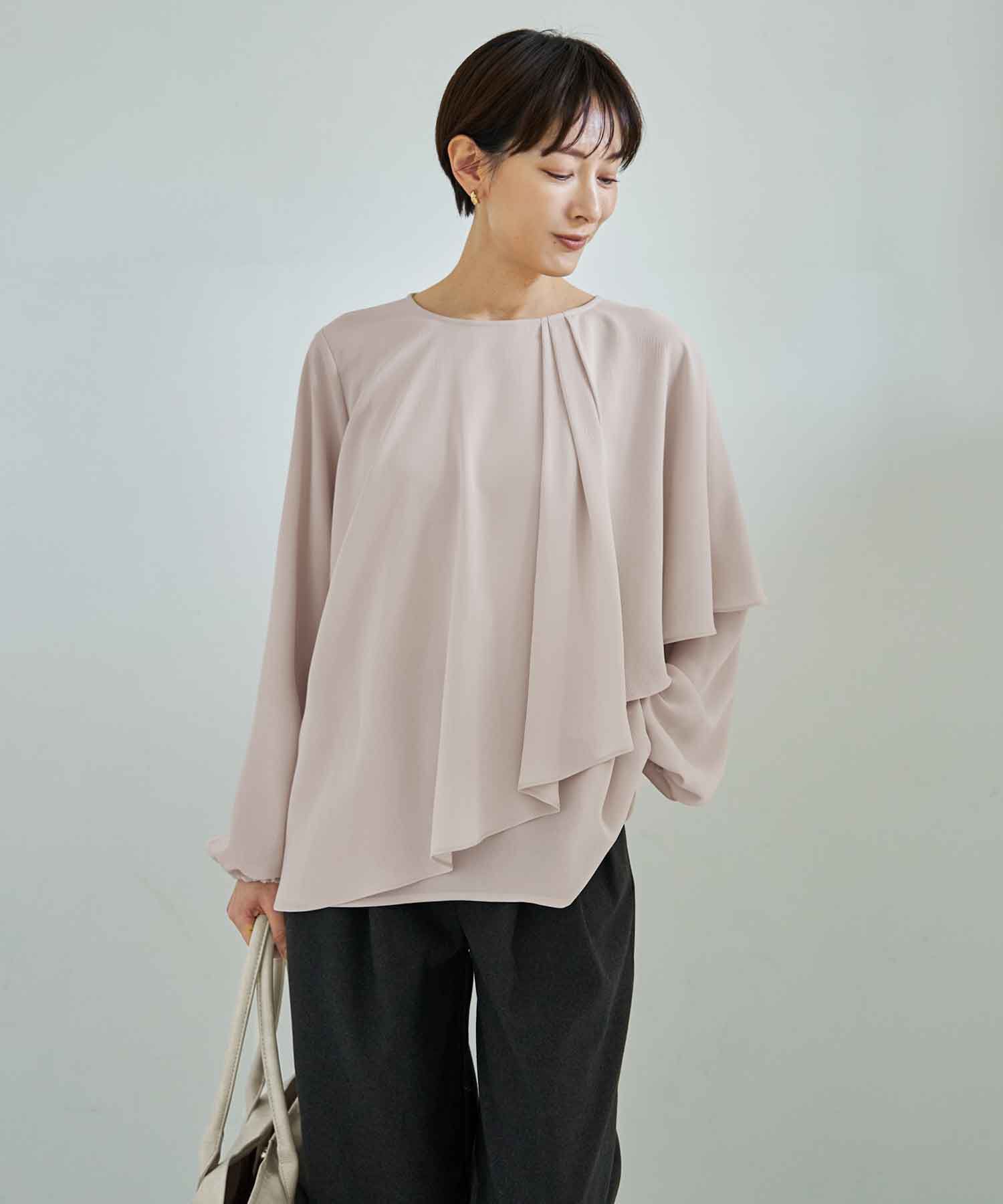 STYLE DELI「【LUXE】縦シボ片側ケープブラウス」|シャツ・ブラウス|