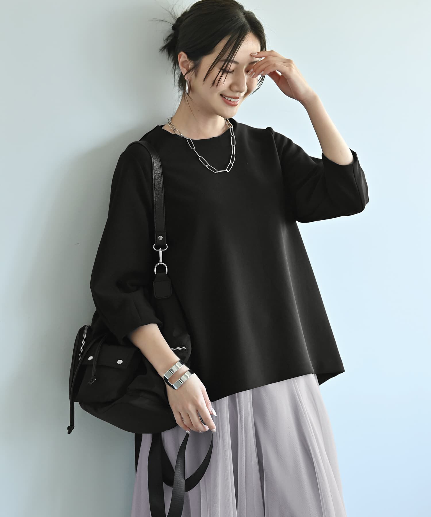 STYLE DELI「【Kana Oyama&times;BLK001】バックシャツ生地トップス／DELI size」|Tシャツ・カットソー|ブラック