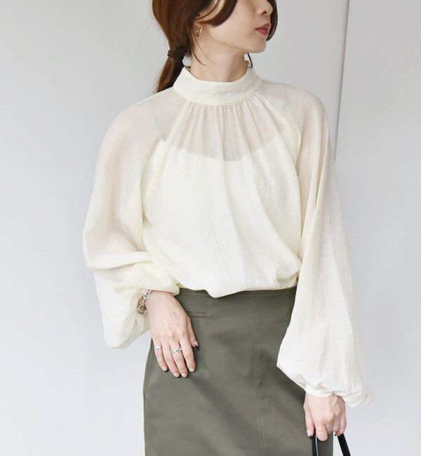 quaranciel「quaranciel:〈手洗い可能〉シアー ボイル スタンドカラー ギャザー ブラウス」|シャツ・ブラウス|