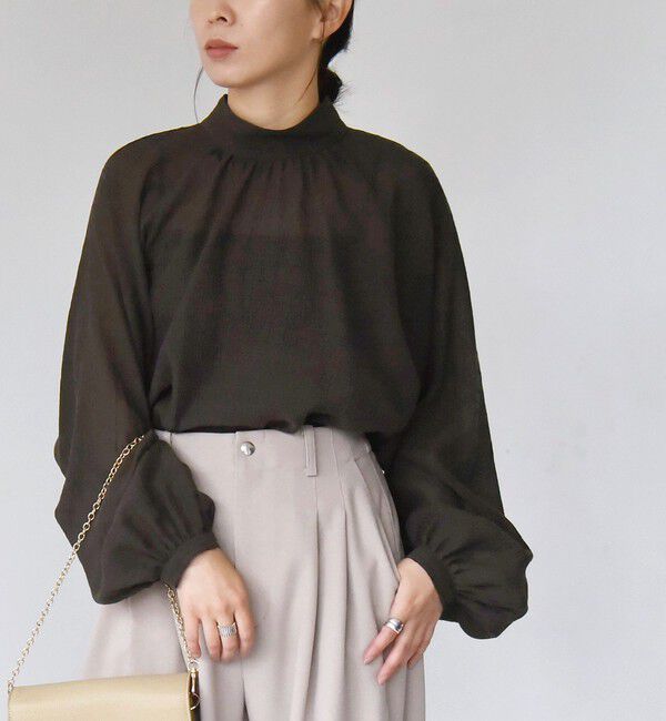 quaranciel「quaranciel:〈手洗い可能〉シアー ボイル スタンドカラー ギャザー ブラウス」|シャツ・ブラウス|