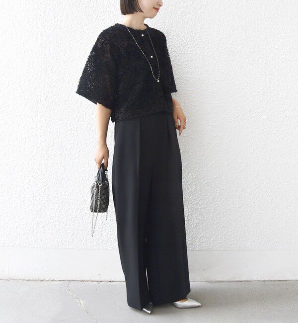 SHIPS for women「little black:〈手洗い可能〉パール 釦 フリル チュール 半袖 ブラウス」|シャツ・ブラウス|