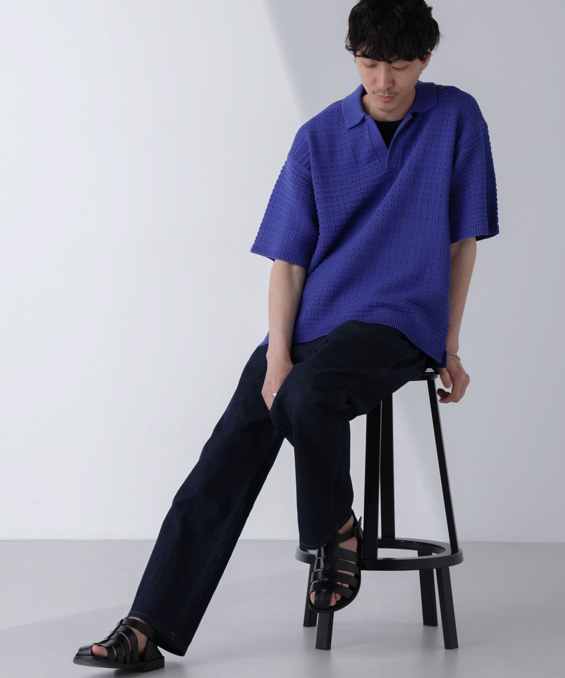 nano･universe「アイレットジャガードボーダーポロシャツ 半袖」|Tシャツ・カットソー|ブルー