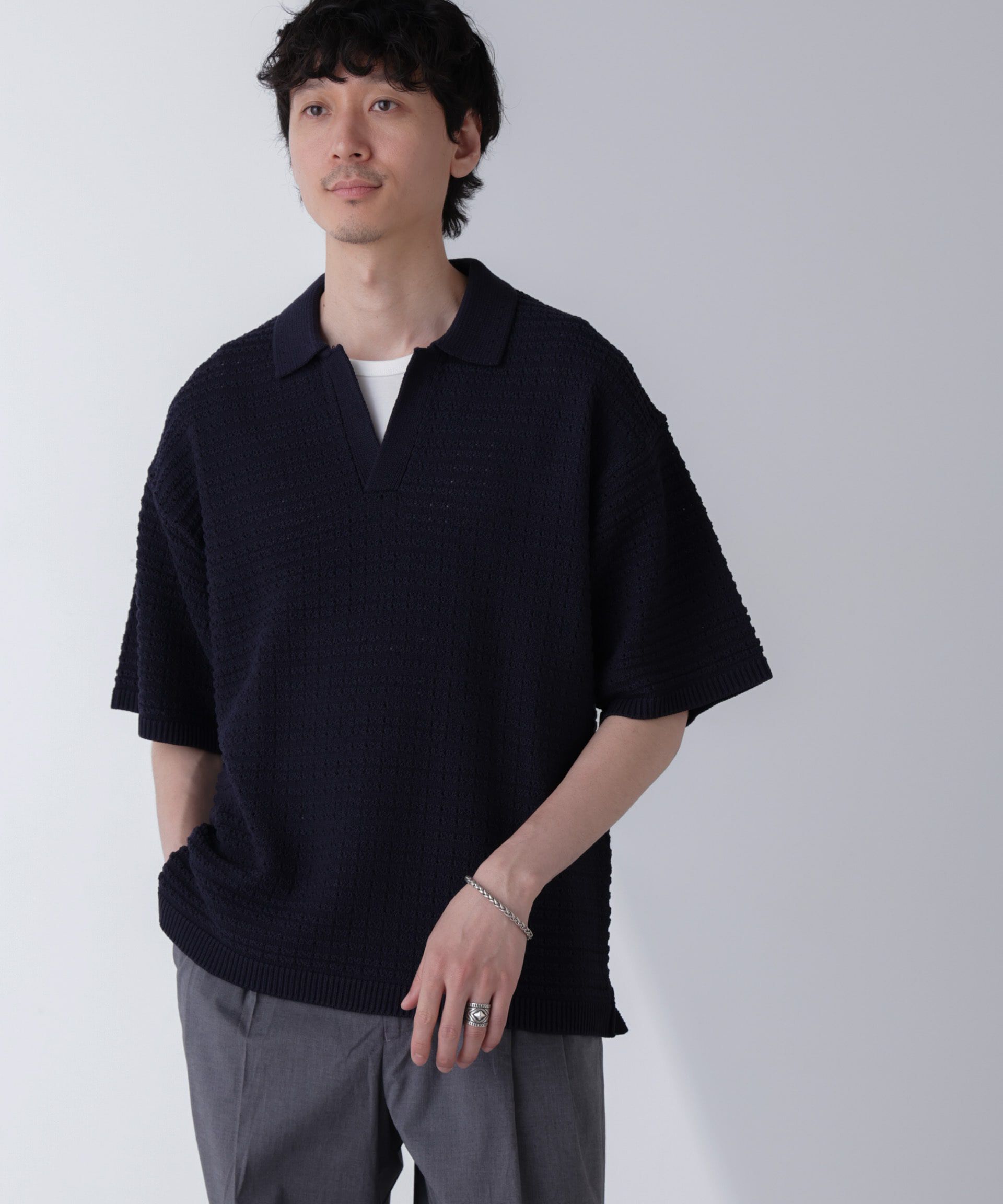 nano･universe「アイレットジャガードボーダーポロシャツ 半袖」|Tシャツ・カットソー|