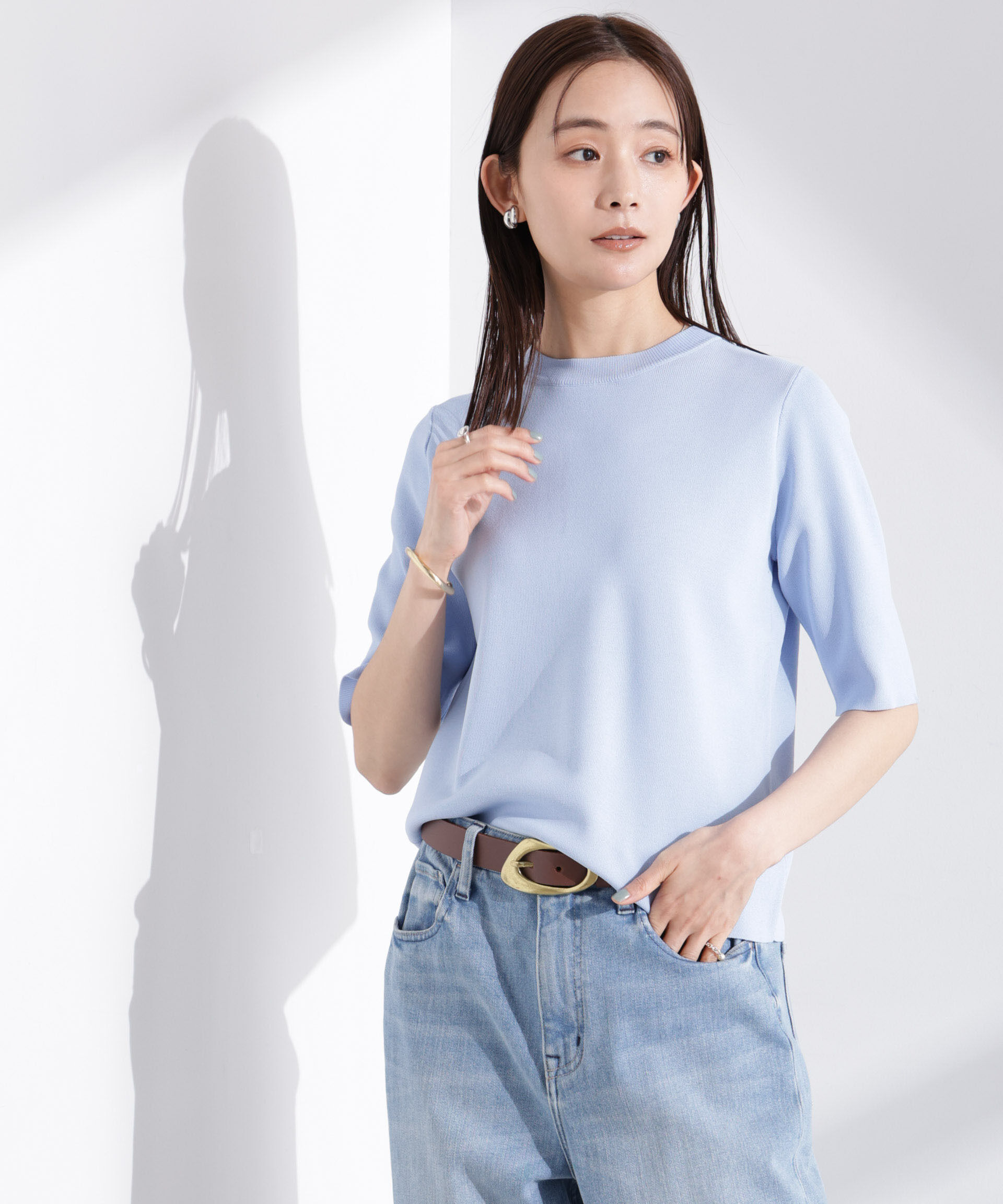 nano･universe「洗濯機洗い可UVカット接触冷感半袖ニット」|ニット・セーター|ブルー