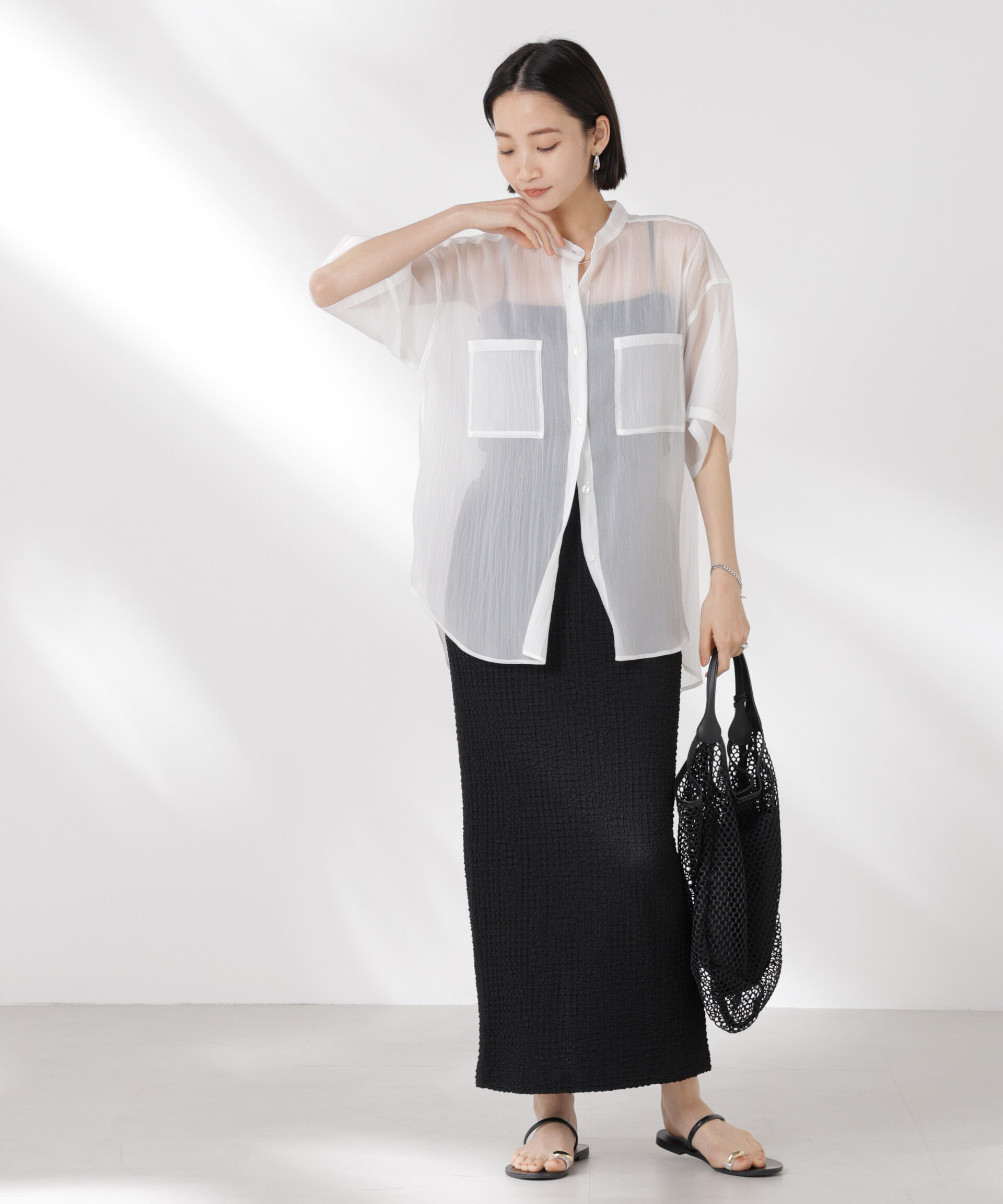 nano･universe「バンドカラーシアー半袖シャツ」|シャツ・ブラウス|