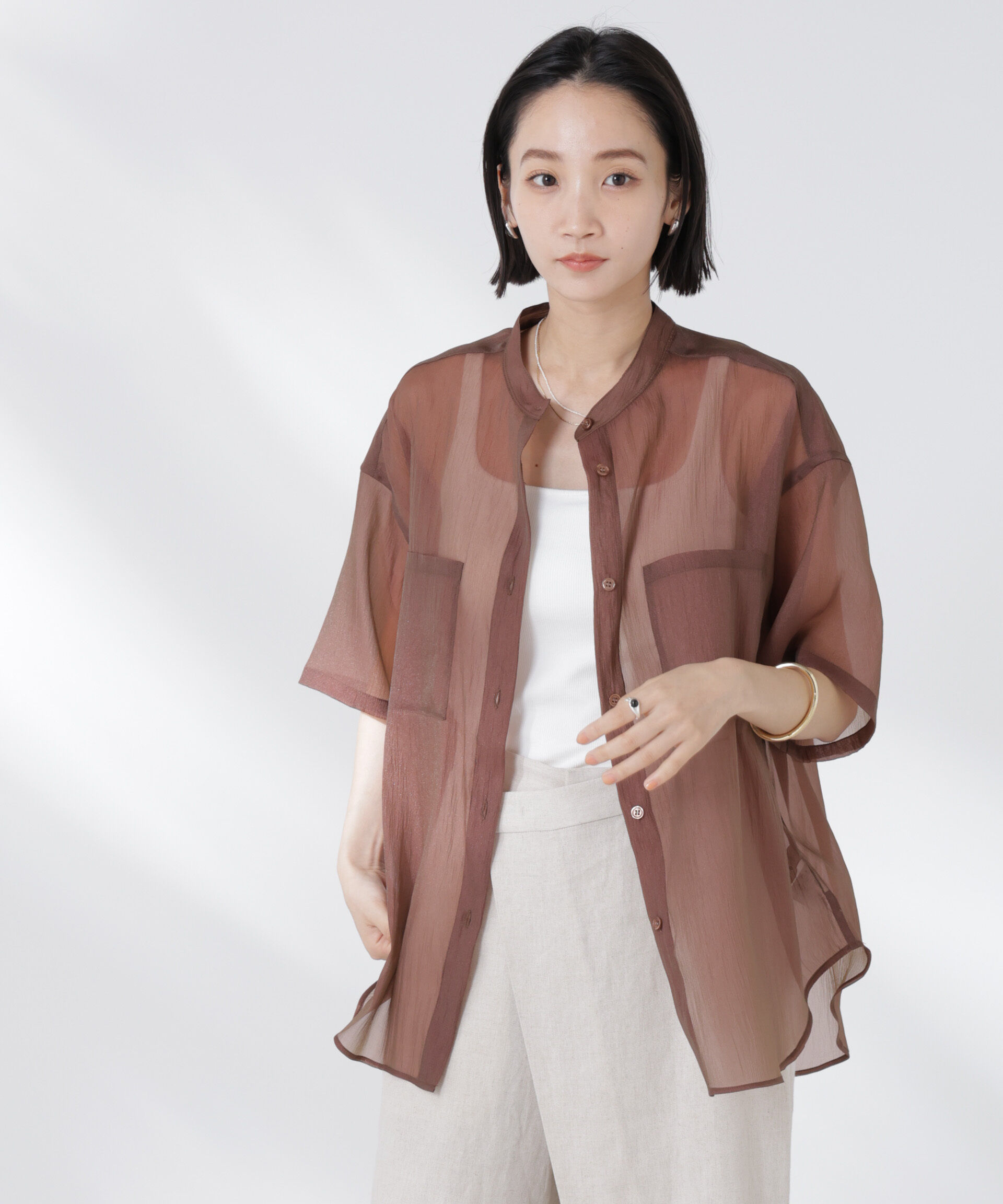 nano･universe「バンドカラーシアー半袖シャツ」|シャツ・ブラウス|