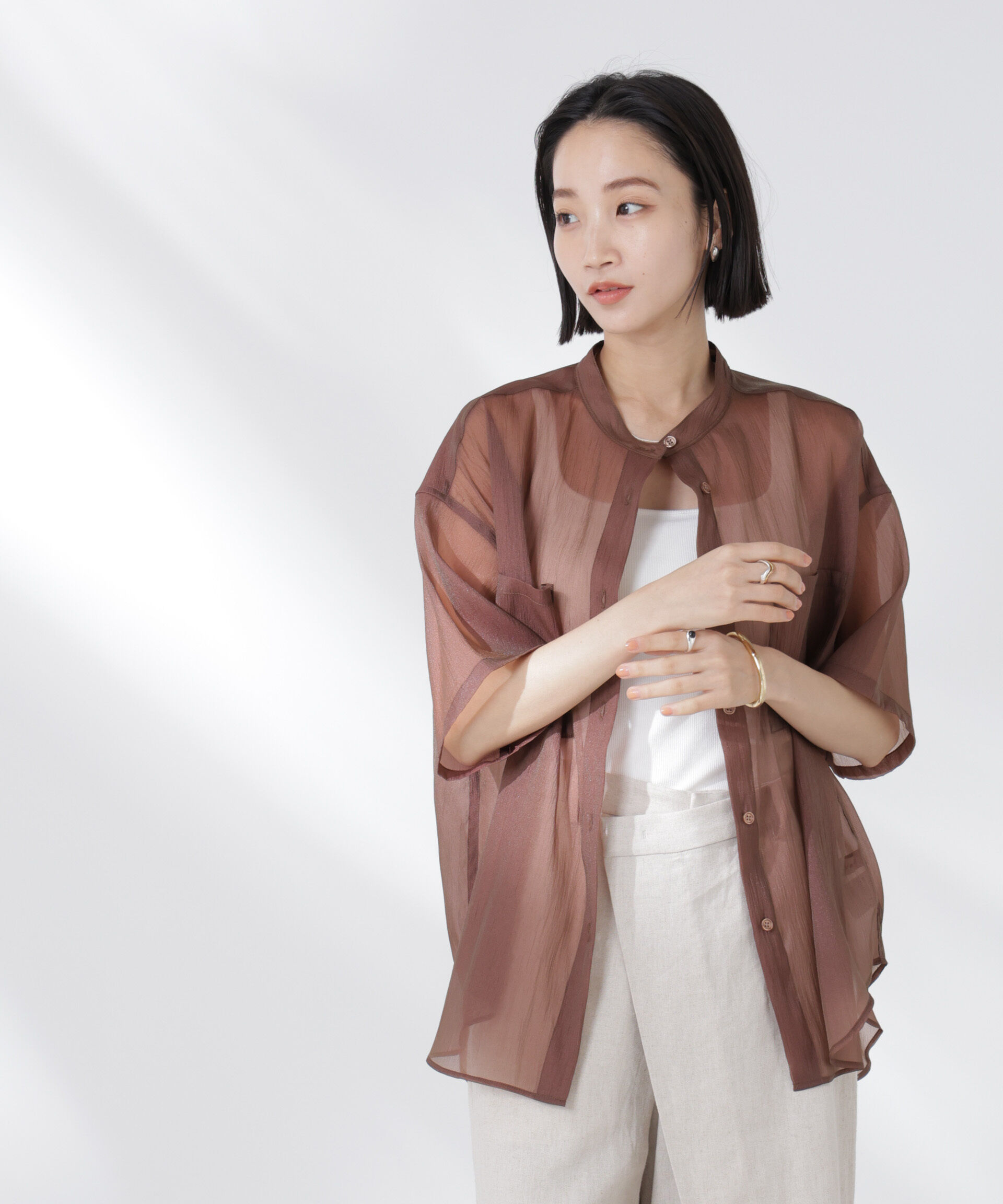 nano･universe「バンドカラーシアー半袖シャツ」|シャツ・ブラウス|