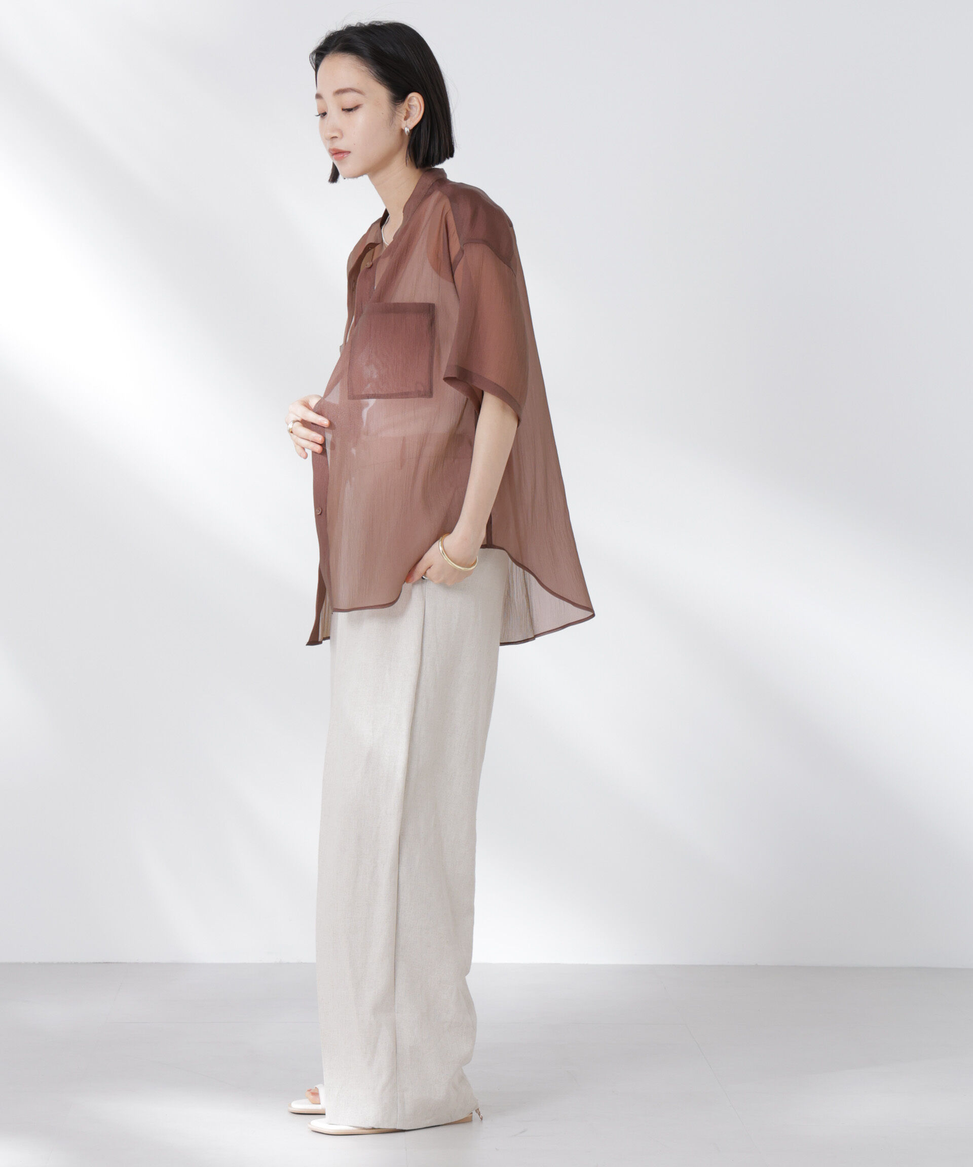 nano･universe「バンドカラーシアー半袖シャツ」|シャツ・ブラウス|