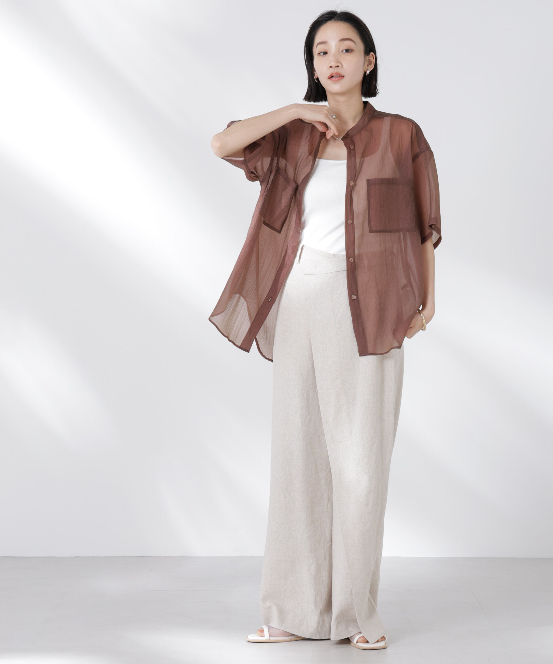 nano･universe「バンドカラーシアー半袖シャツ」|シャツ・ブラウス|