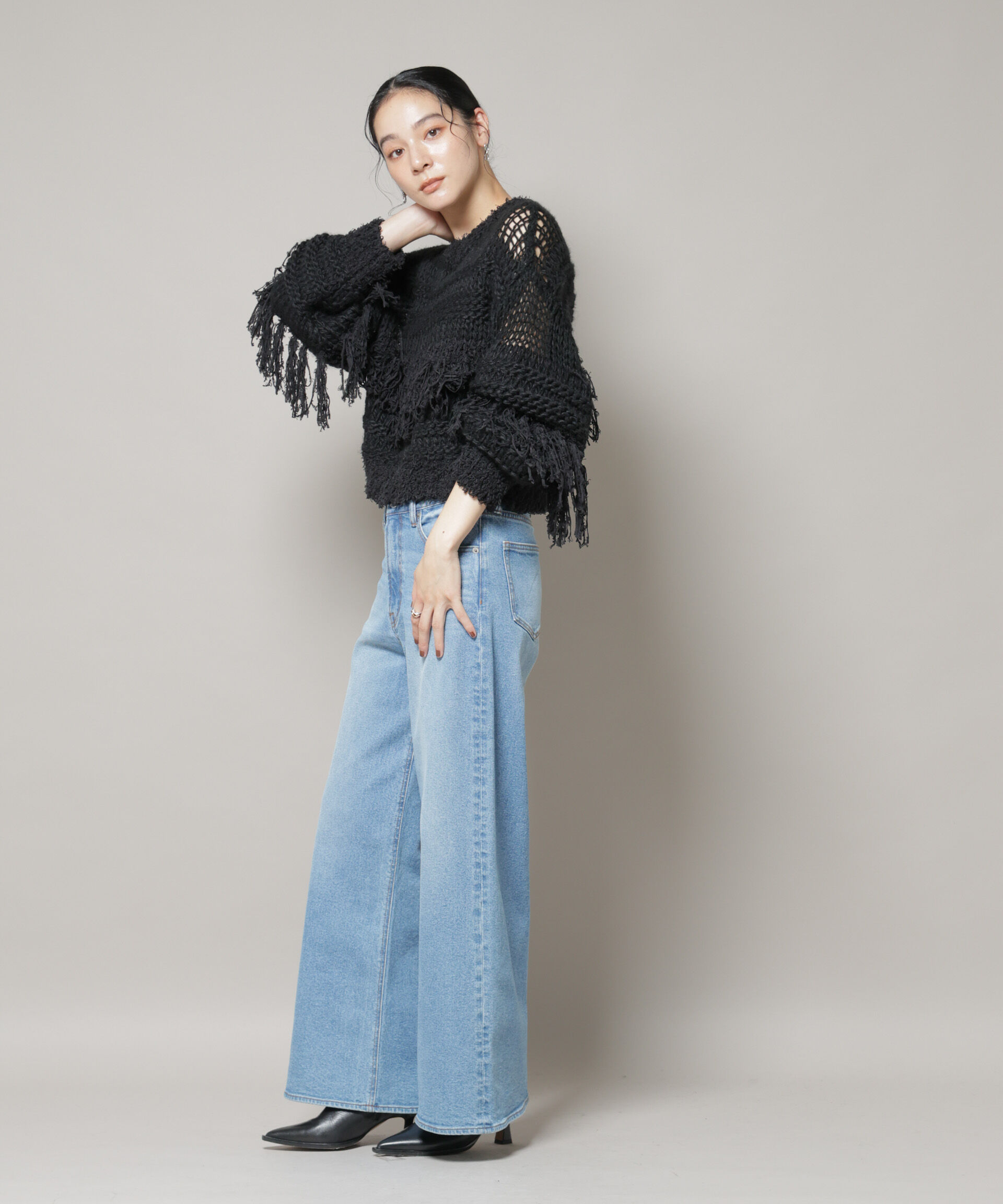 nano･universe「異素材ボーダーフリンジニットプルオーバー」|ニット・セーター|