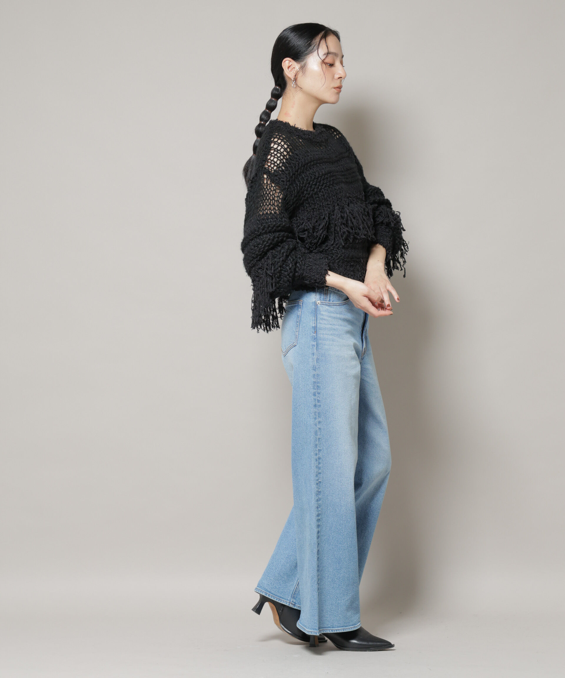 nano･universe「異素材ボーダーフリンジニットプルオーバー」|ニット・セーター|