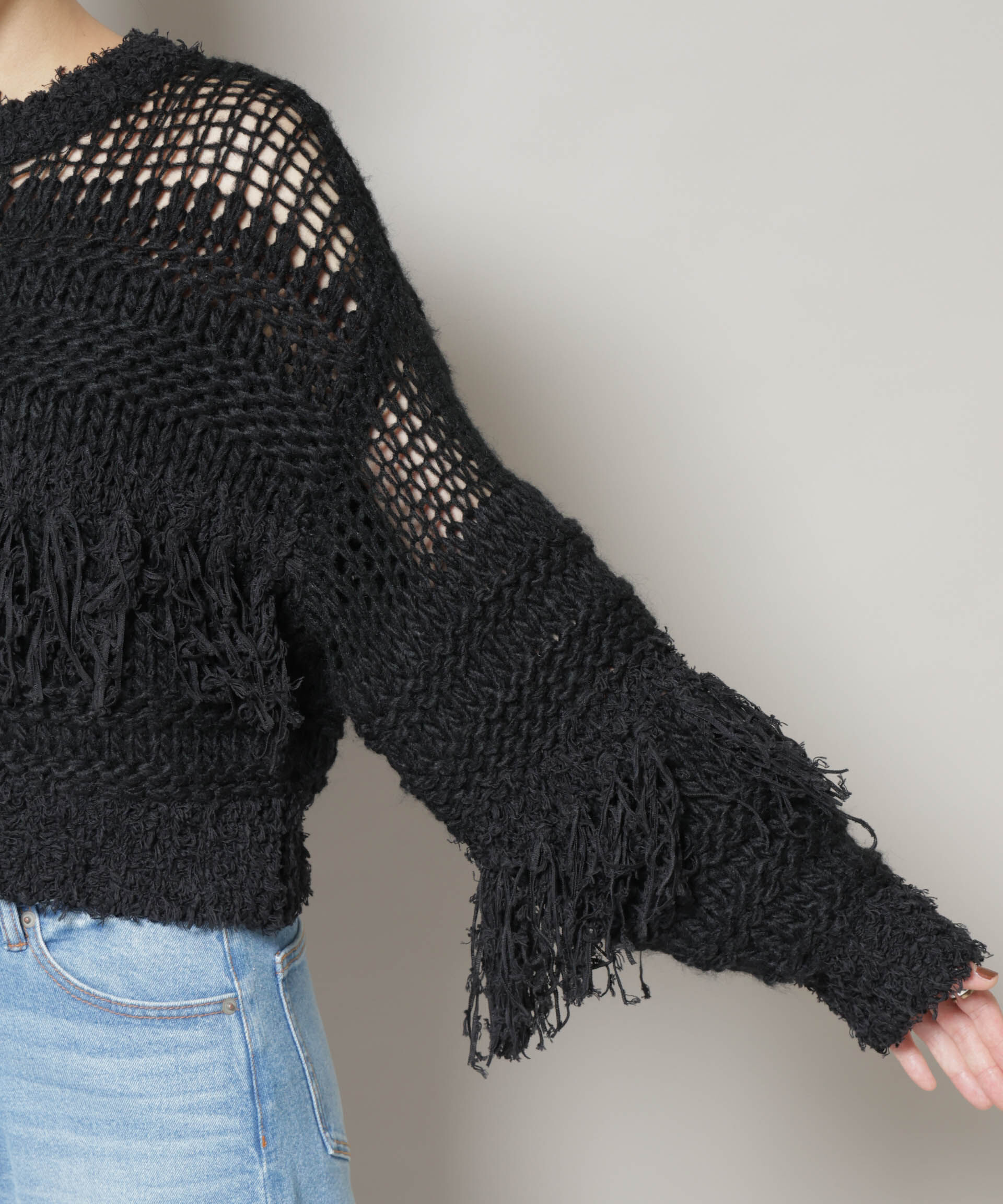 nano･universe「異素材ボーダーフリンジニットプルオーバー」|ニット・セーター|