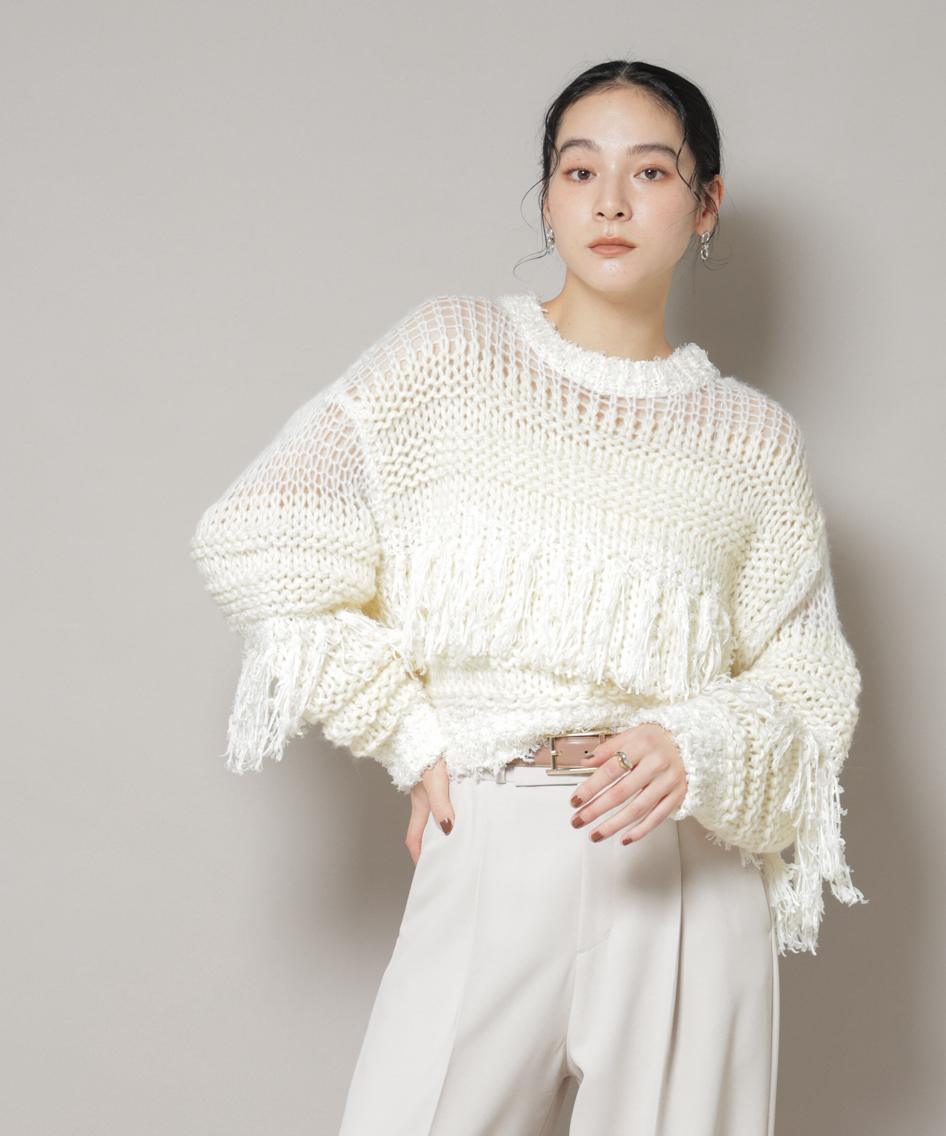 nano･universe「異素材ボーダーフリンジニットプルオーバー」|ニット・セーター|