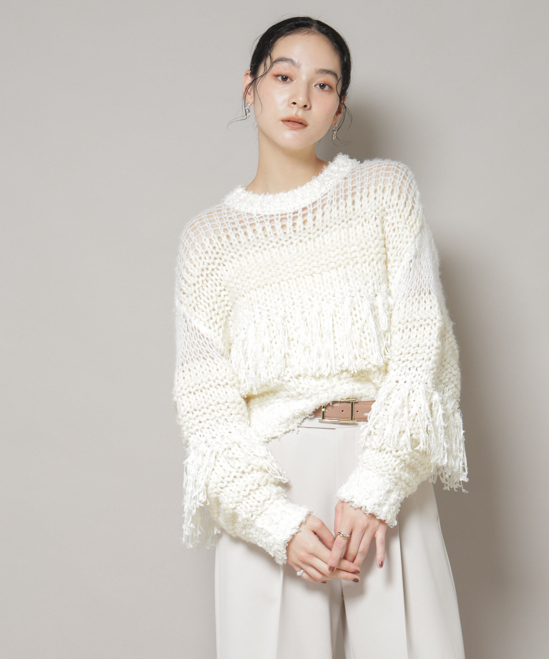 nano･universe「異素材ボーダーフリンジニットプルオーバー」|ニット・セーター|