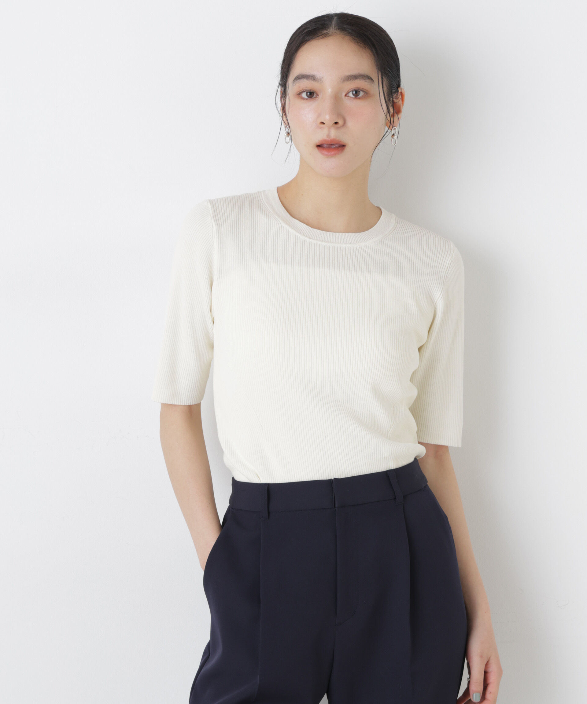 nano･universe「ウォッシャブルハイツイスト五分袖リブニット」|ニット・セーター|