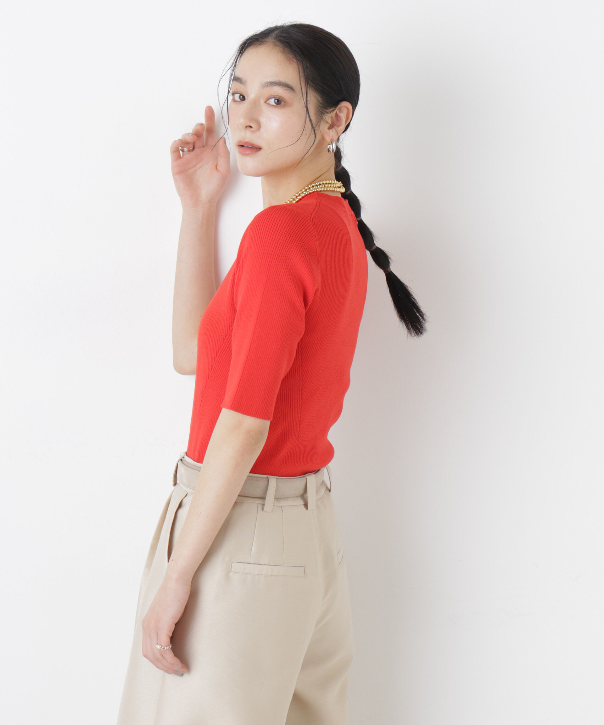 nano･universe「ウォッシャブルハイツイスト五分袖リブニット」|ニット・セーター|