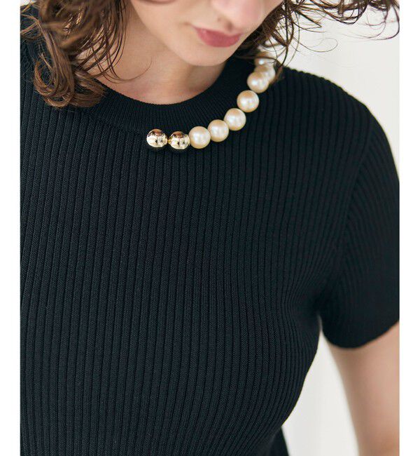 BEIGE,「【洗える・美人百花 4月号掲載】VINCA / パール付き半袖コットンリブニット」|ニット・セーター|