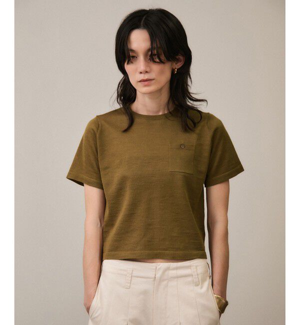 SALON adam et rope'「クロップドハーフスリーブリネンニット［ドライタッチ・洗える］」|Tシャツ・カットソー|カーキー(36)