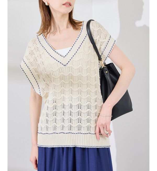 Rope&rsquo;Picnic「配色ステッチ透かし編みニットベスト」|ベスト・ジレ|オフホワイト(15)